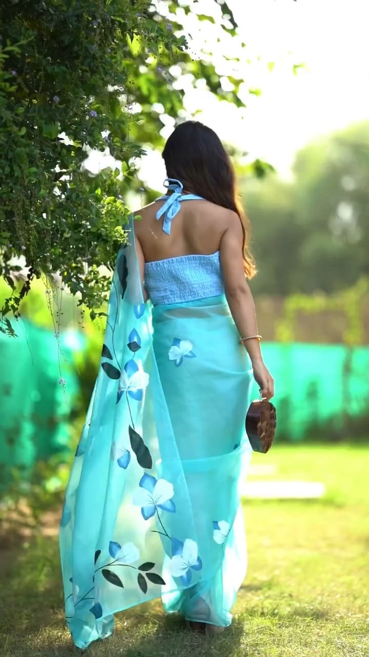 New One Minute Ready To Wear Sky Blue Colour Pure Soft Organza Silk Saree With Beautiful Flower Print Design With Unstiched Blouse Piece