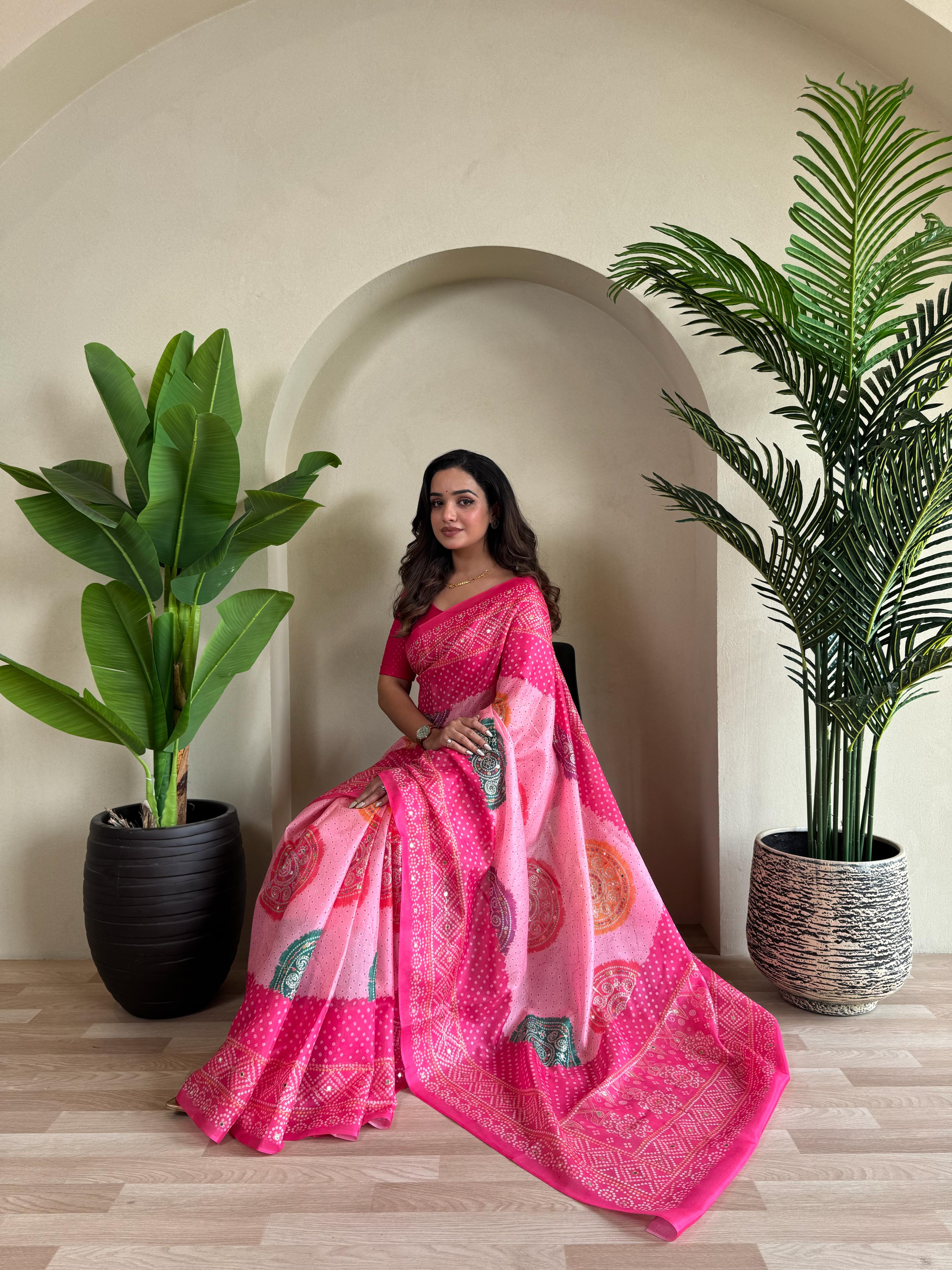 New Designer Tissue Silk Weaving Dual Pink Shade Saree With Contras Printed Embroidery Work Unstiched Blouse Piece