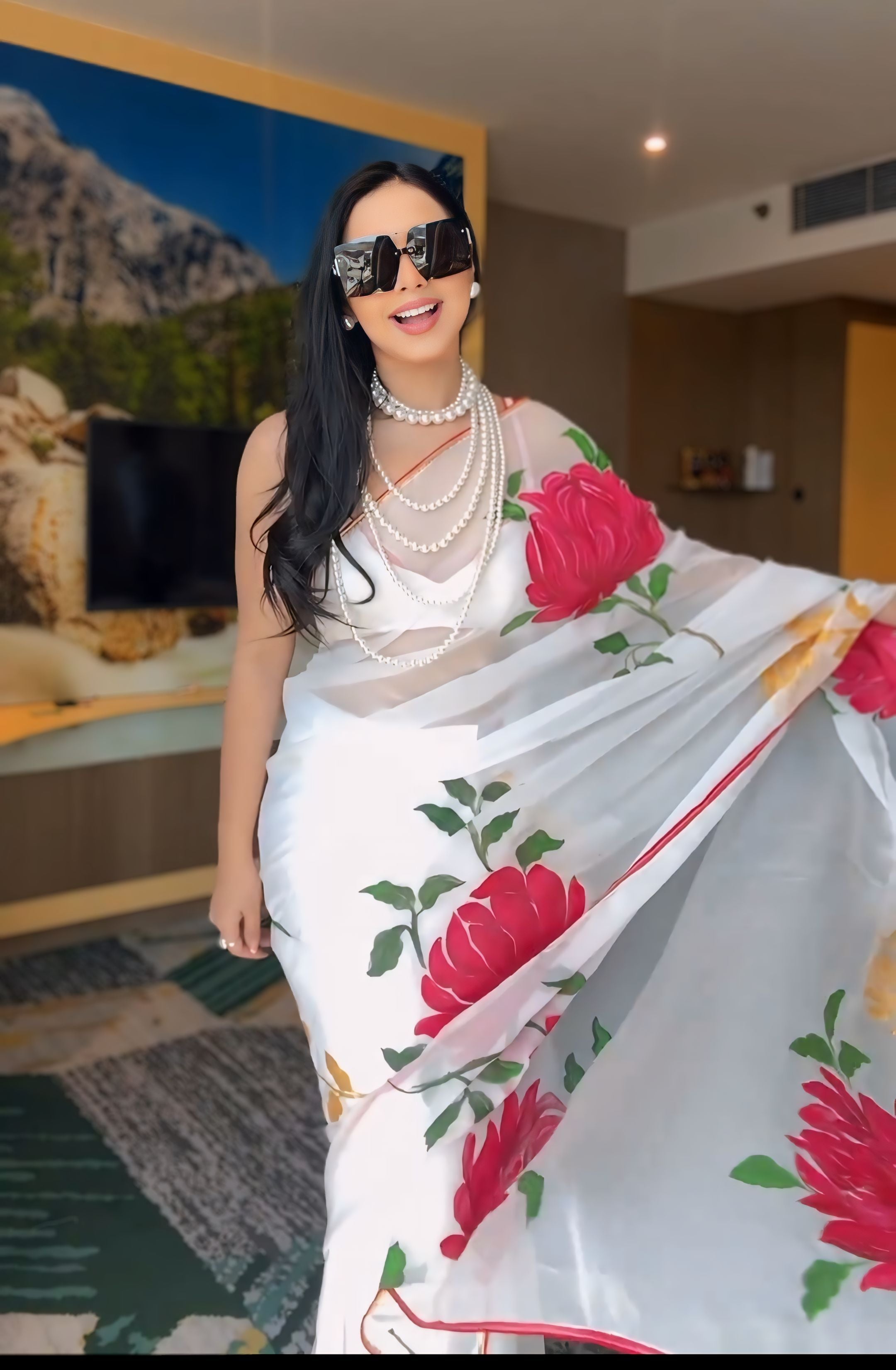 One Minute Ready To Wear WhiteRose Flolar Pure Soft Georgette Silk Saree