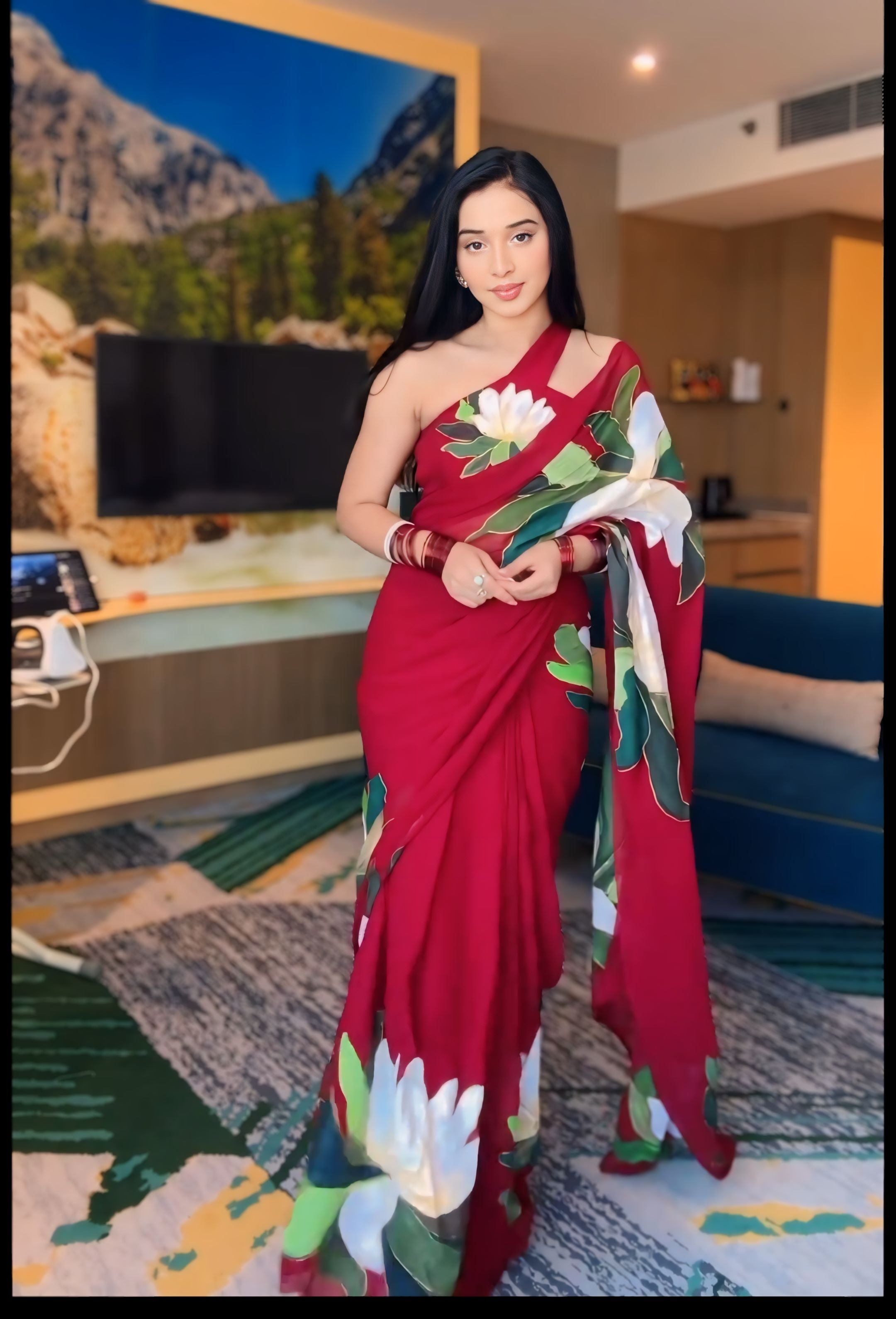 One Minute Ready To Wear Vermilion Villa Pure Soft Georgette Silk Saree