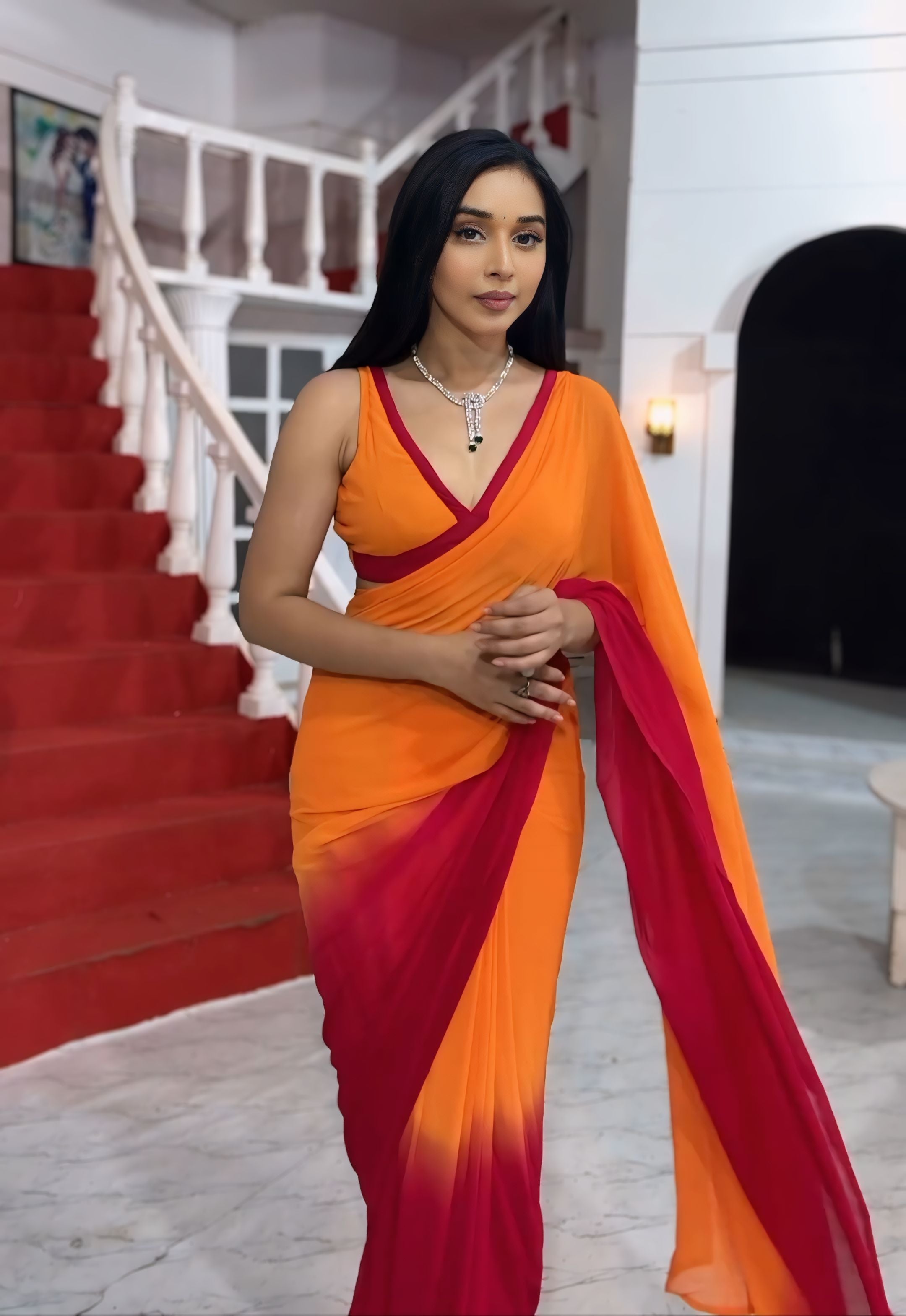 One Minute Ready To Wear Sunset Elegance Pure Soft Georgette Silk Saree