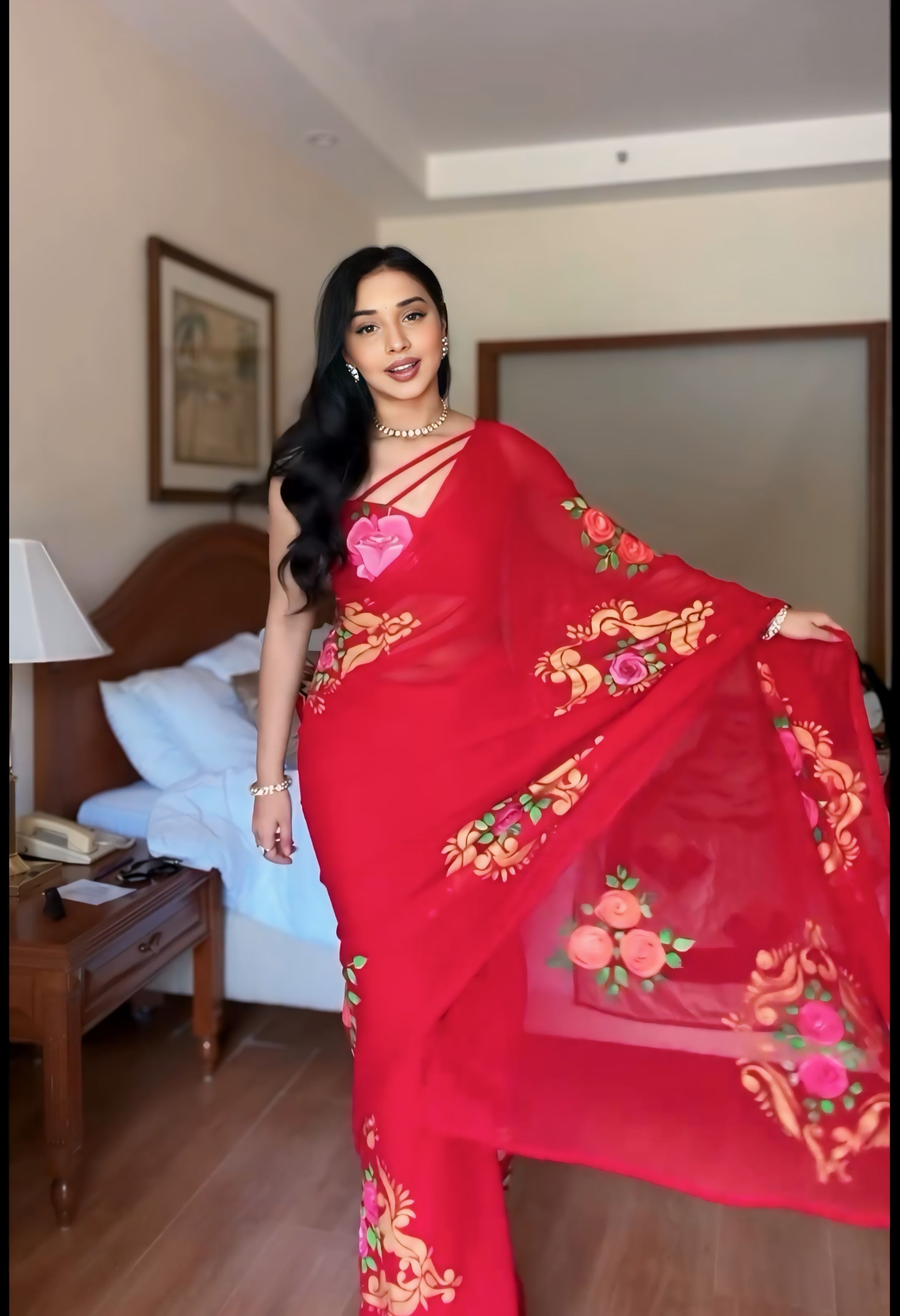 One Minute Ready To Wear&nbsp; Ruby Floral Pure Soft Georgette Silk Saree