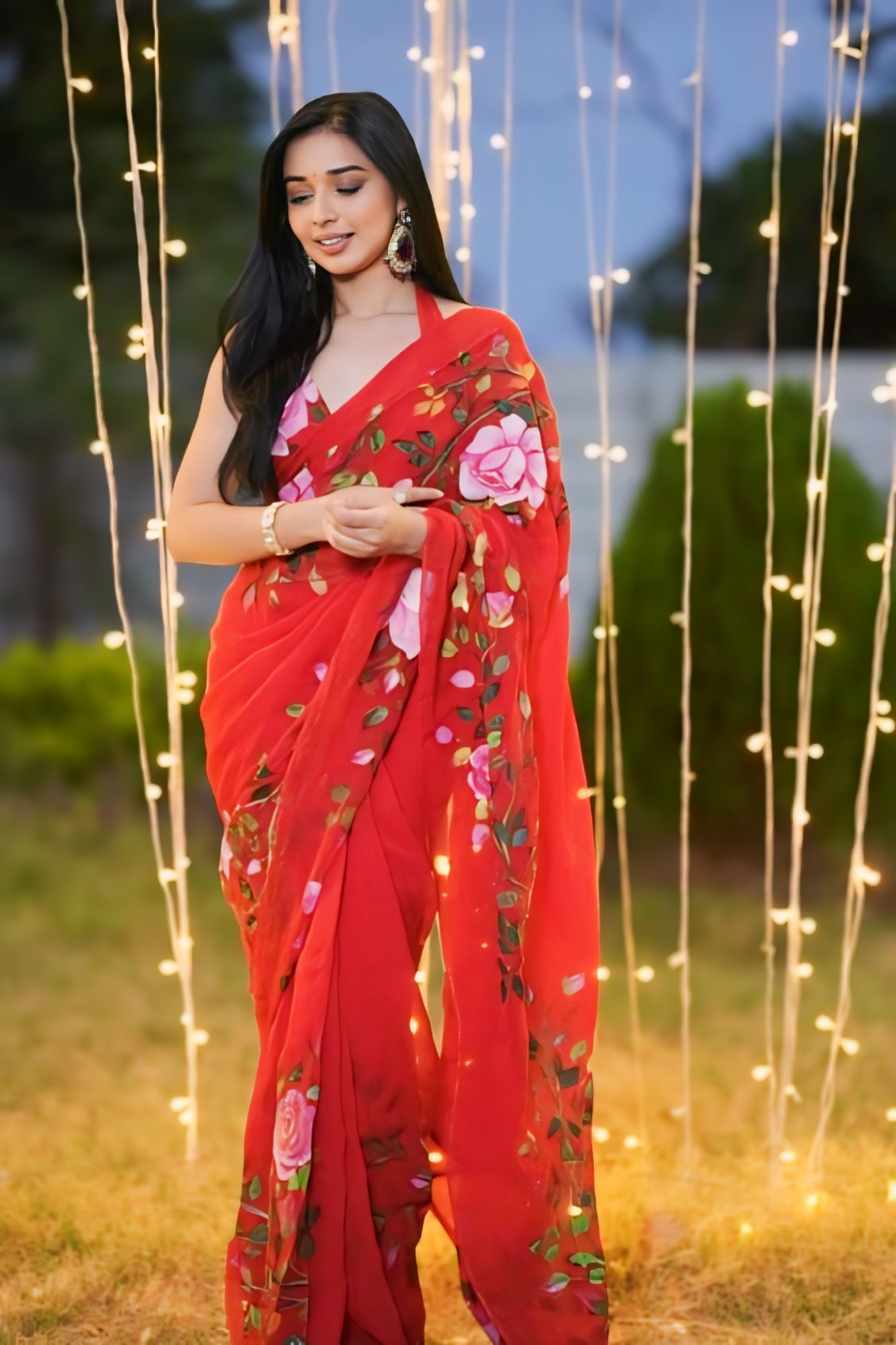 One Minute Ready To Wear Scarlet Blossom Pure Soft Georgette Silk Saree