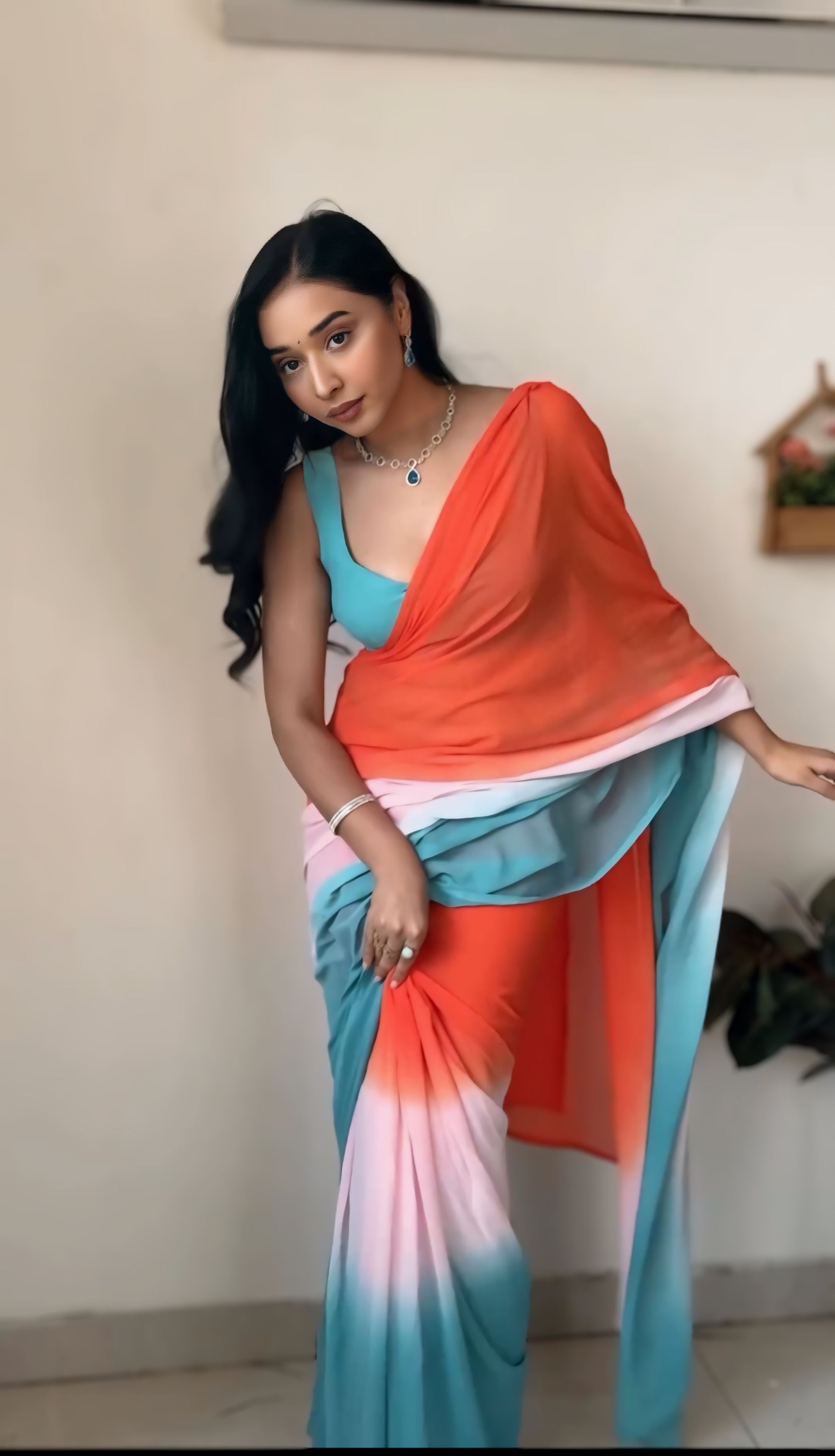 One Minute Ready To Wear Mandarin Twilight  Pure Soft Georgette Silk Saree