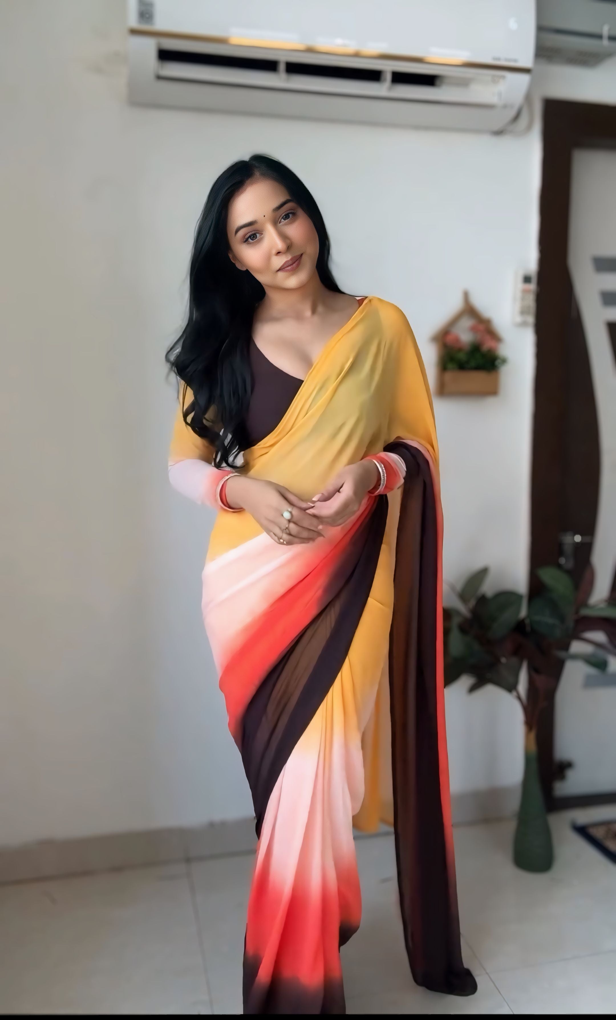 One Minute Ready To Wear Lemon Zest Pure Soft Georgette Silk Saree