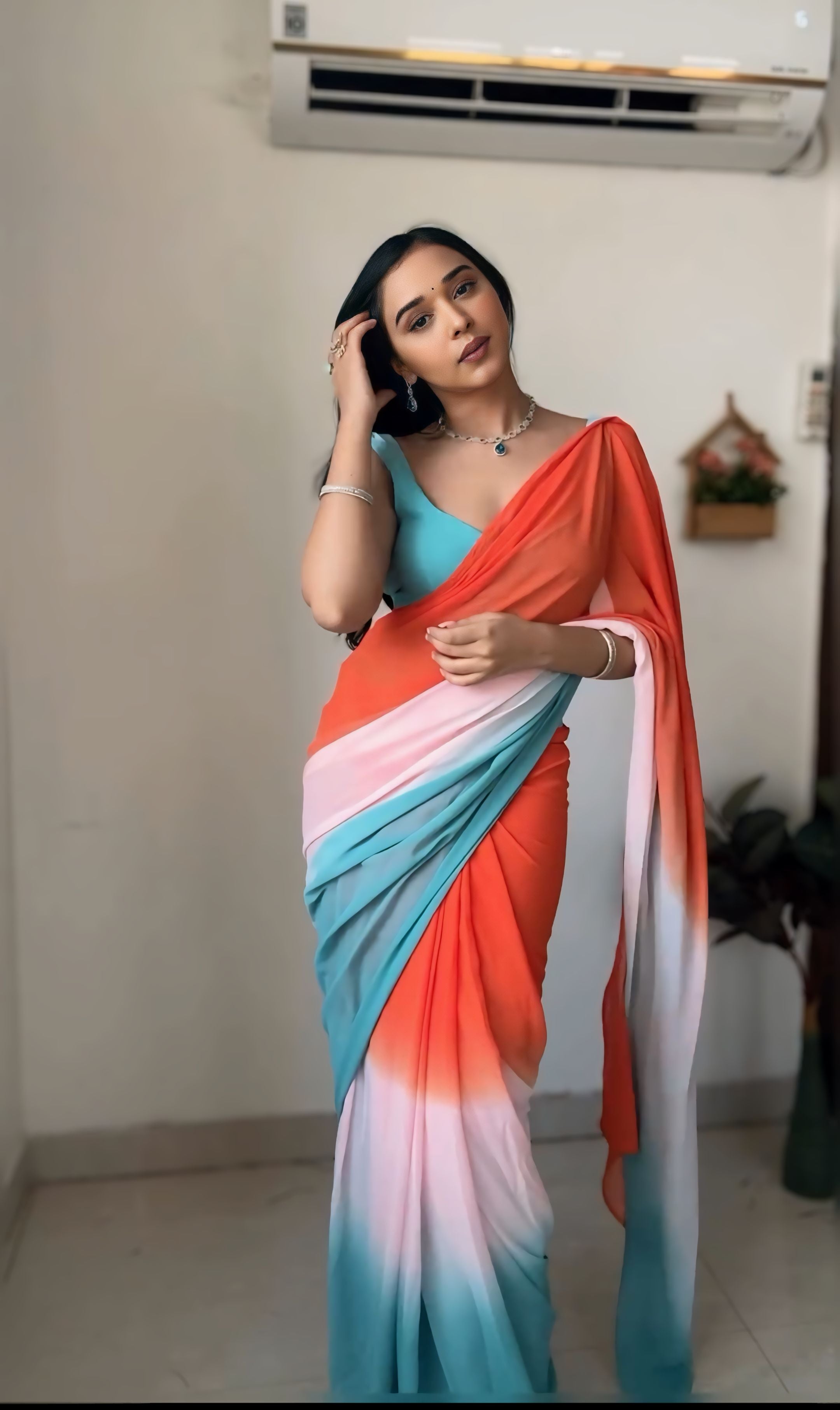 One Minute Ready To Wear Mandarin Twilight  Pure Soft Georgette Silk Saree