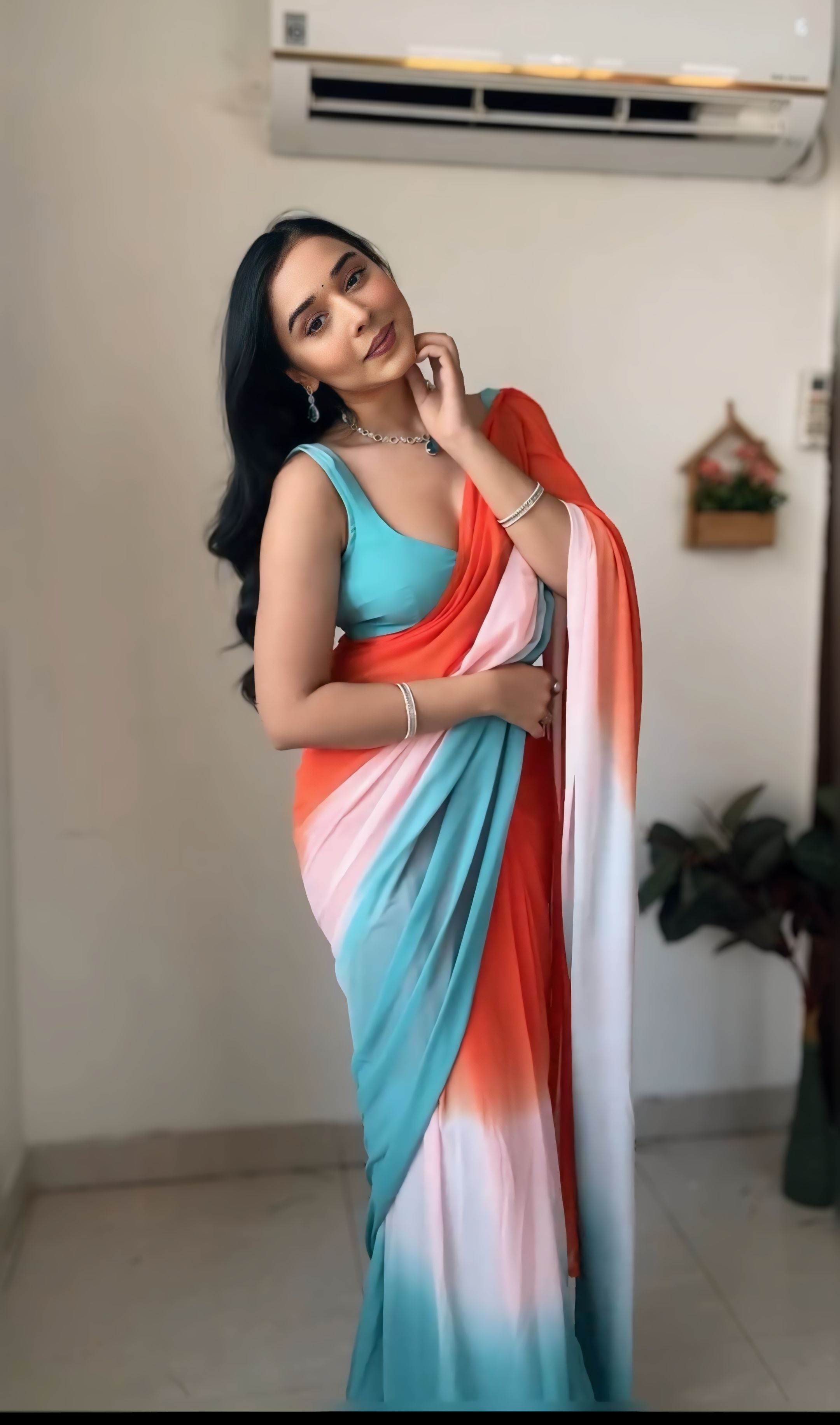 One Minute Ready To Wear Mandarin Twilight  Pure Soft Georgette Silk Saree