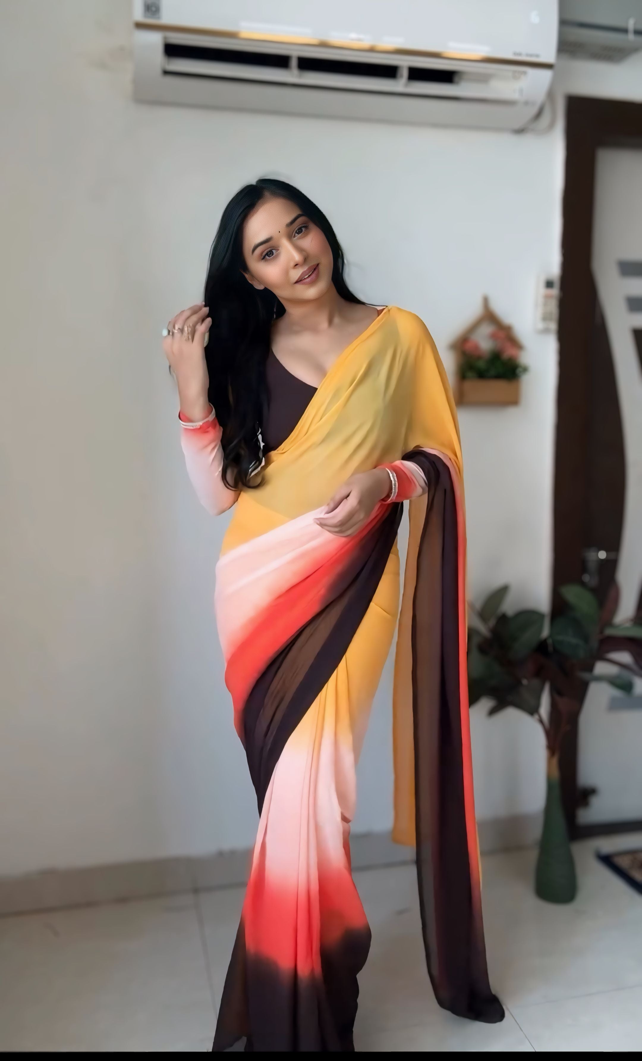 One Minute Ready To Wear Lemon Zest Pure Soft Georgette Silk Saree