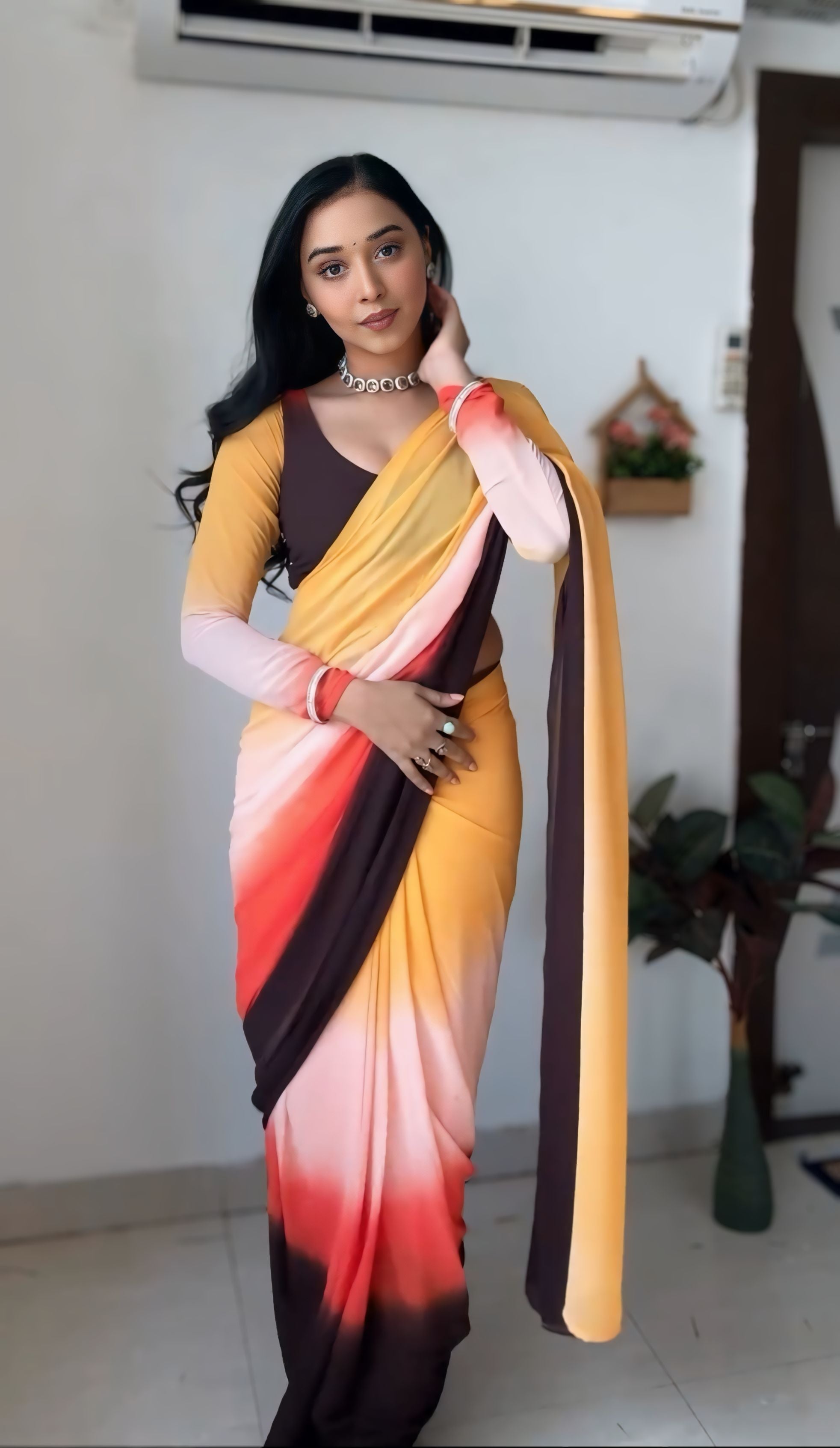 One Minute Ready To Wear Lemon Zest Pure Soft Georgette Silk Saree