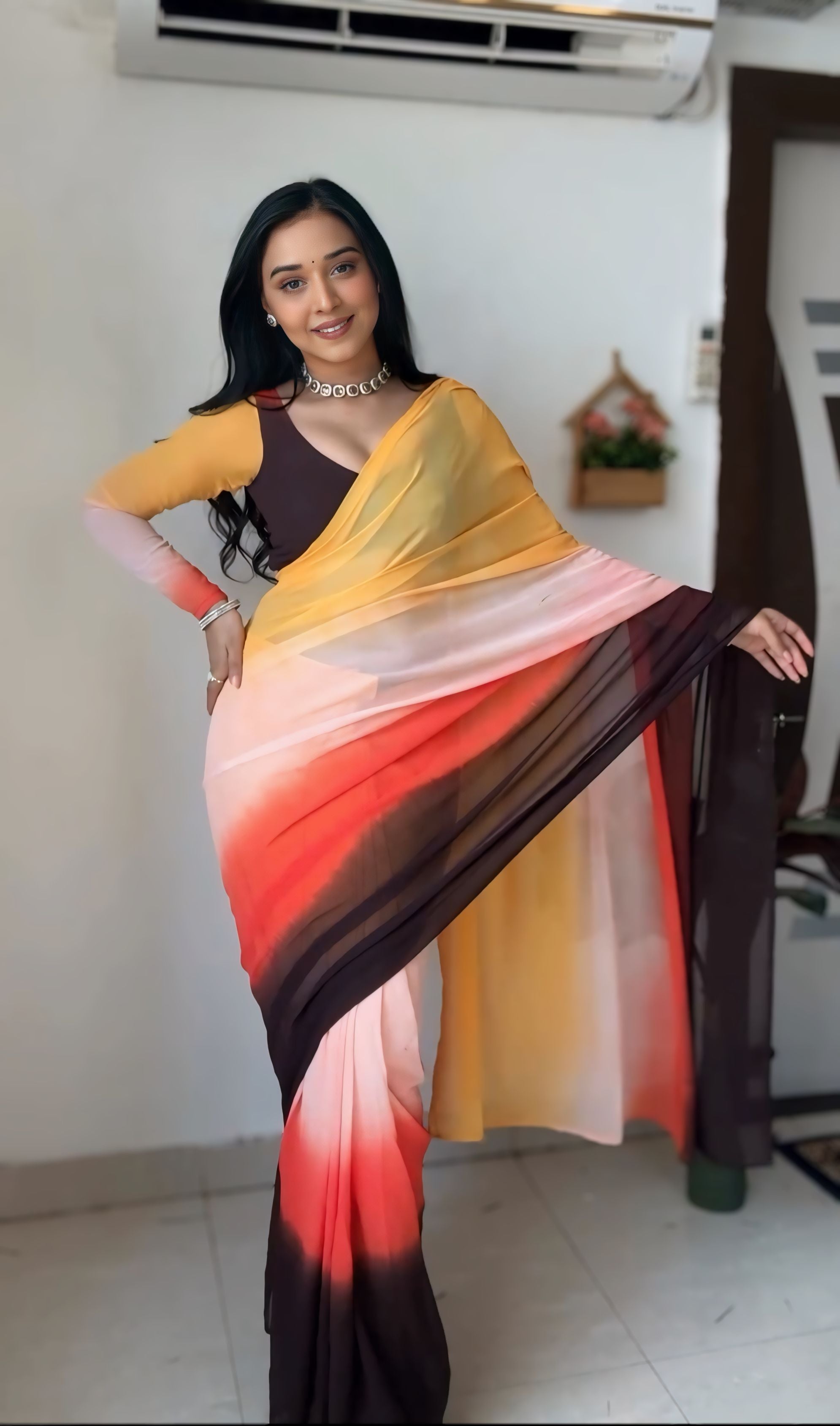 One Minute Ready To Wear Lemon Zest Pure Soft Georgette Silk Saree