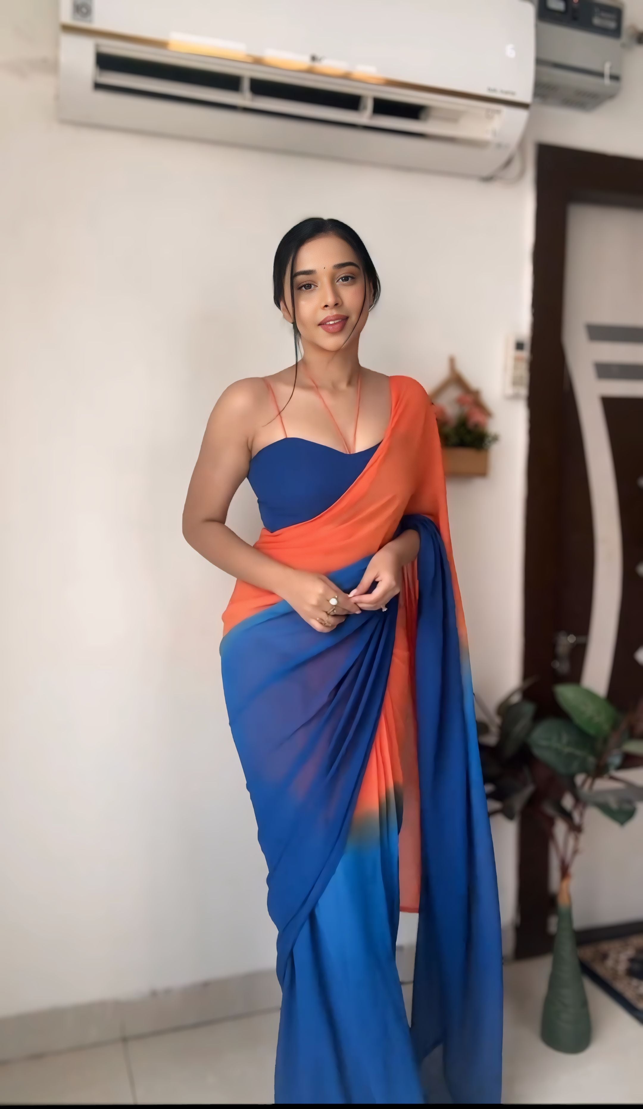 One Minute Ready To Wear  Blue Drapes Silk Printed Saree