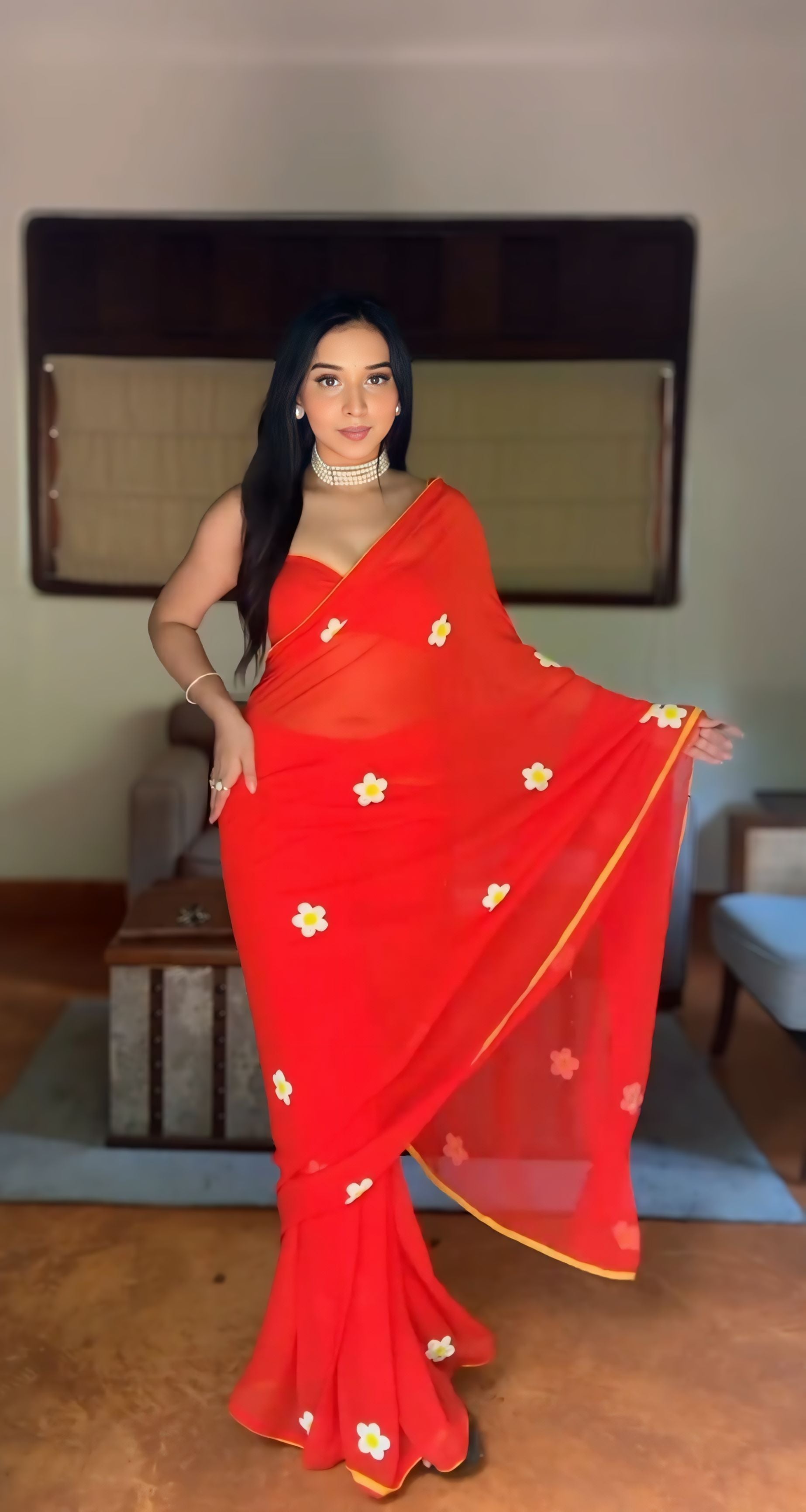 One Minute Ready To Wear Scarlet Silk Printed Saree