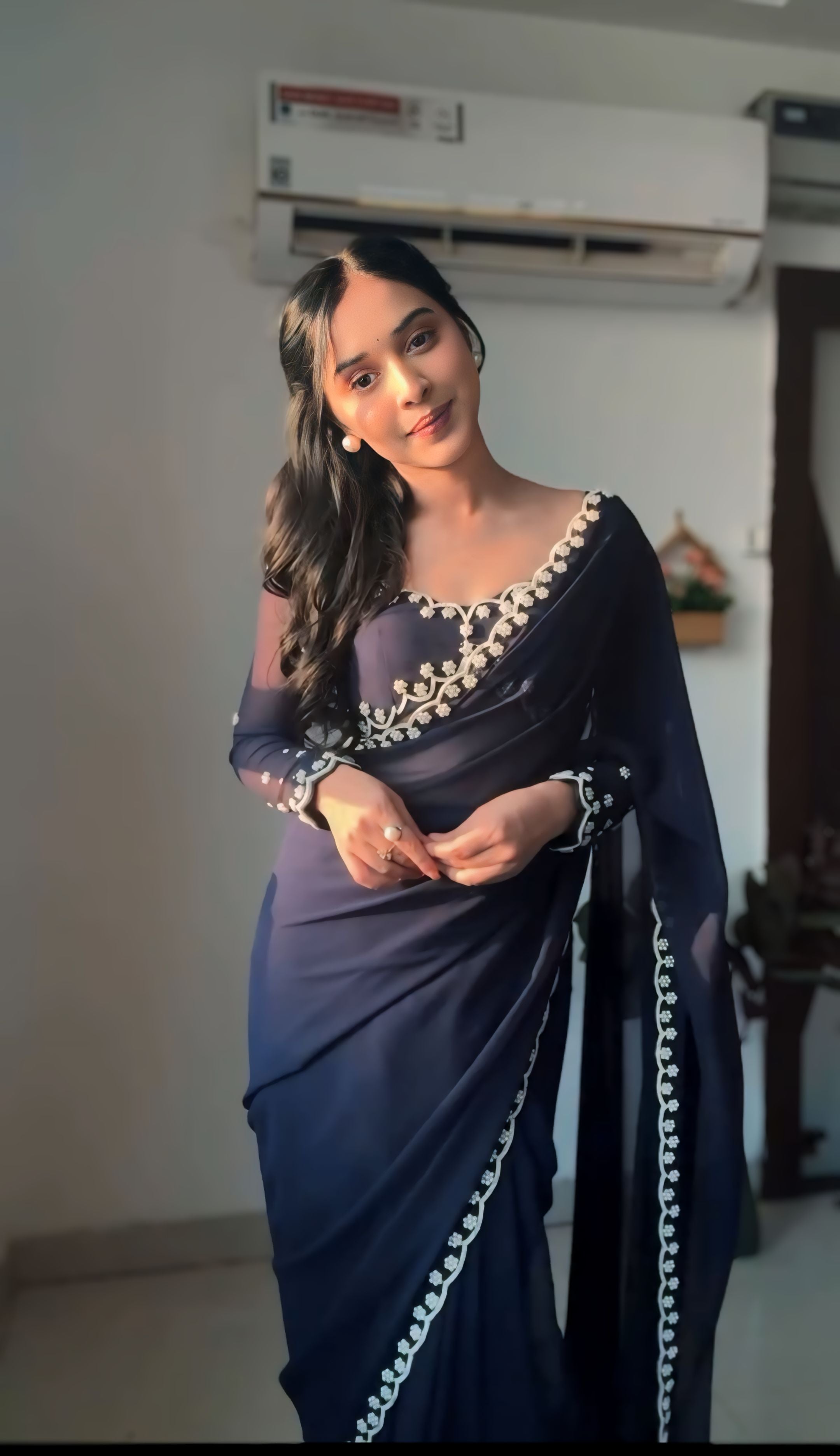 One Minute Ready To Wear Dark Blue Drape Silk Printed Saree