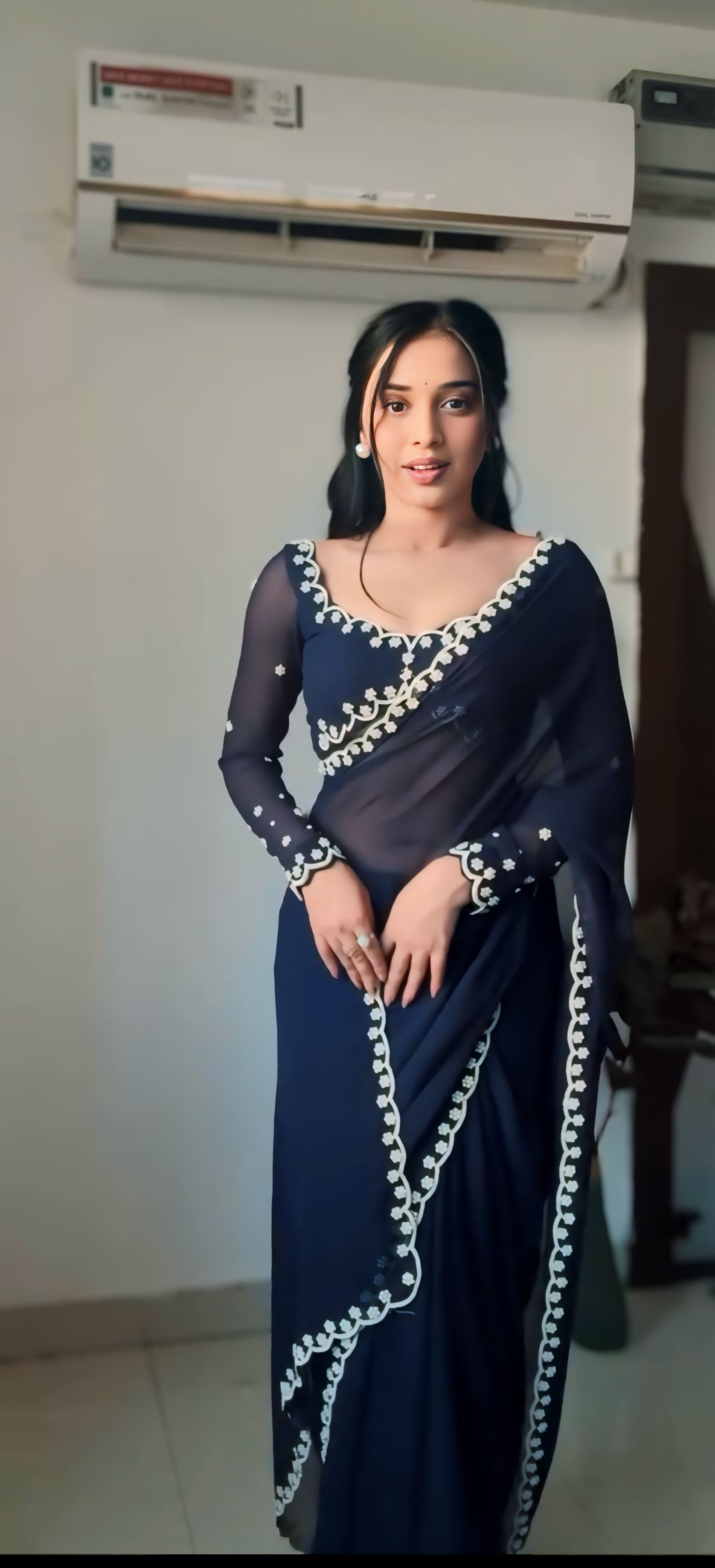 One Minute Ready To Wear Dark Blue Drape Silk Printed Saree