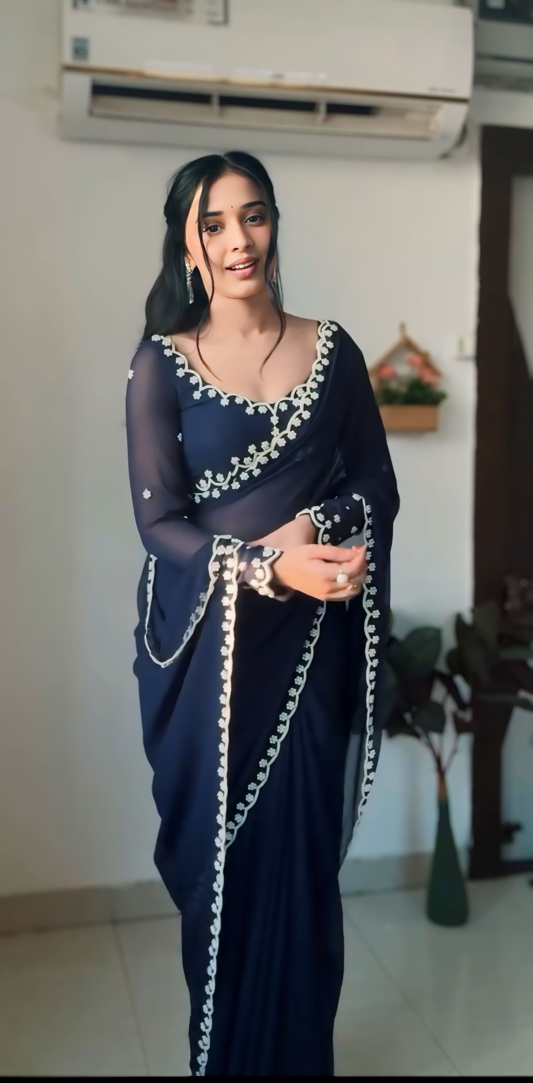 One Minute Ready To Wear Dark Blue Drape Silk Printed Saree