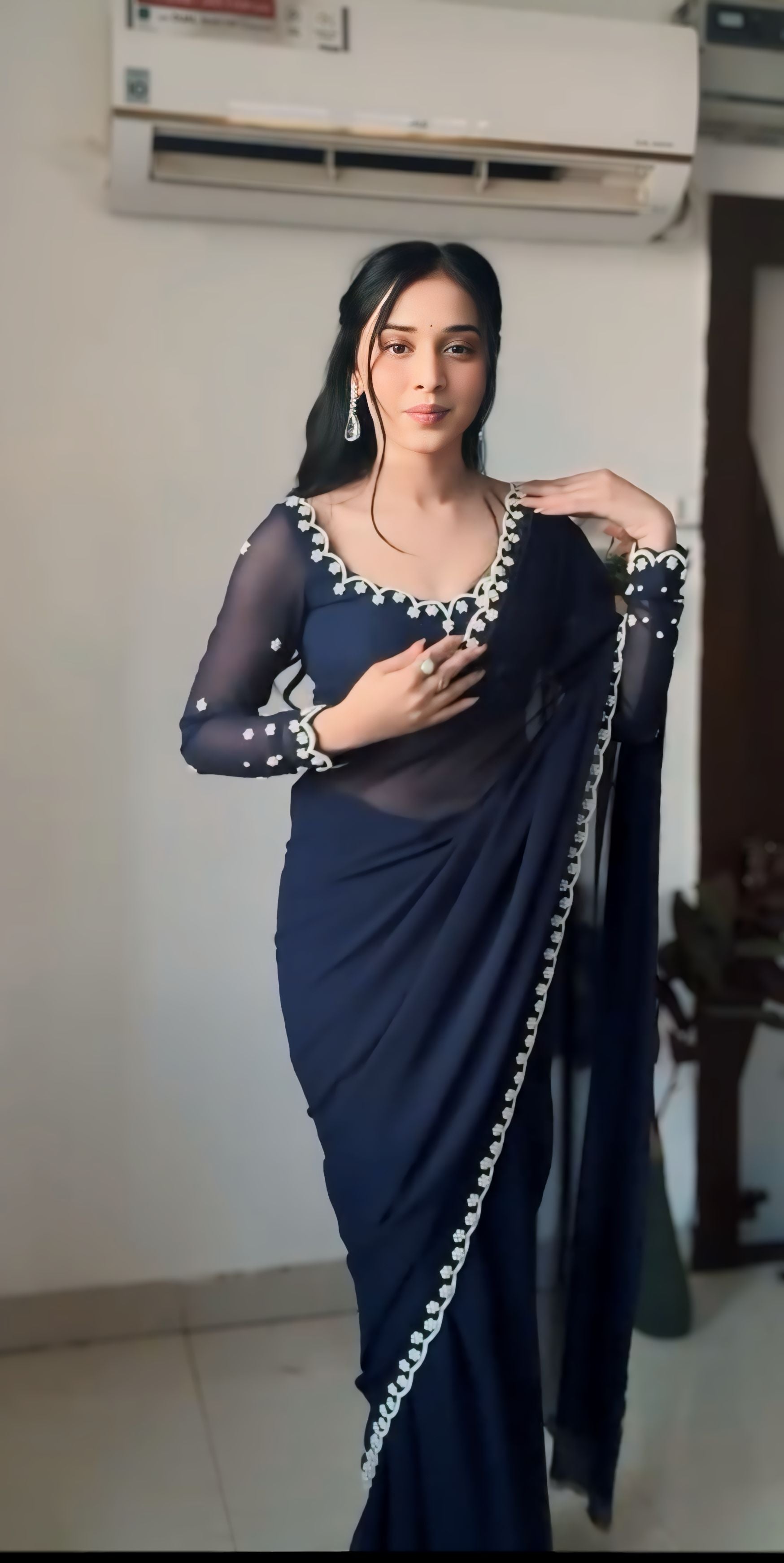 One Minute Ready To Wear Dark Blue Drape Silk Printed Saree