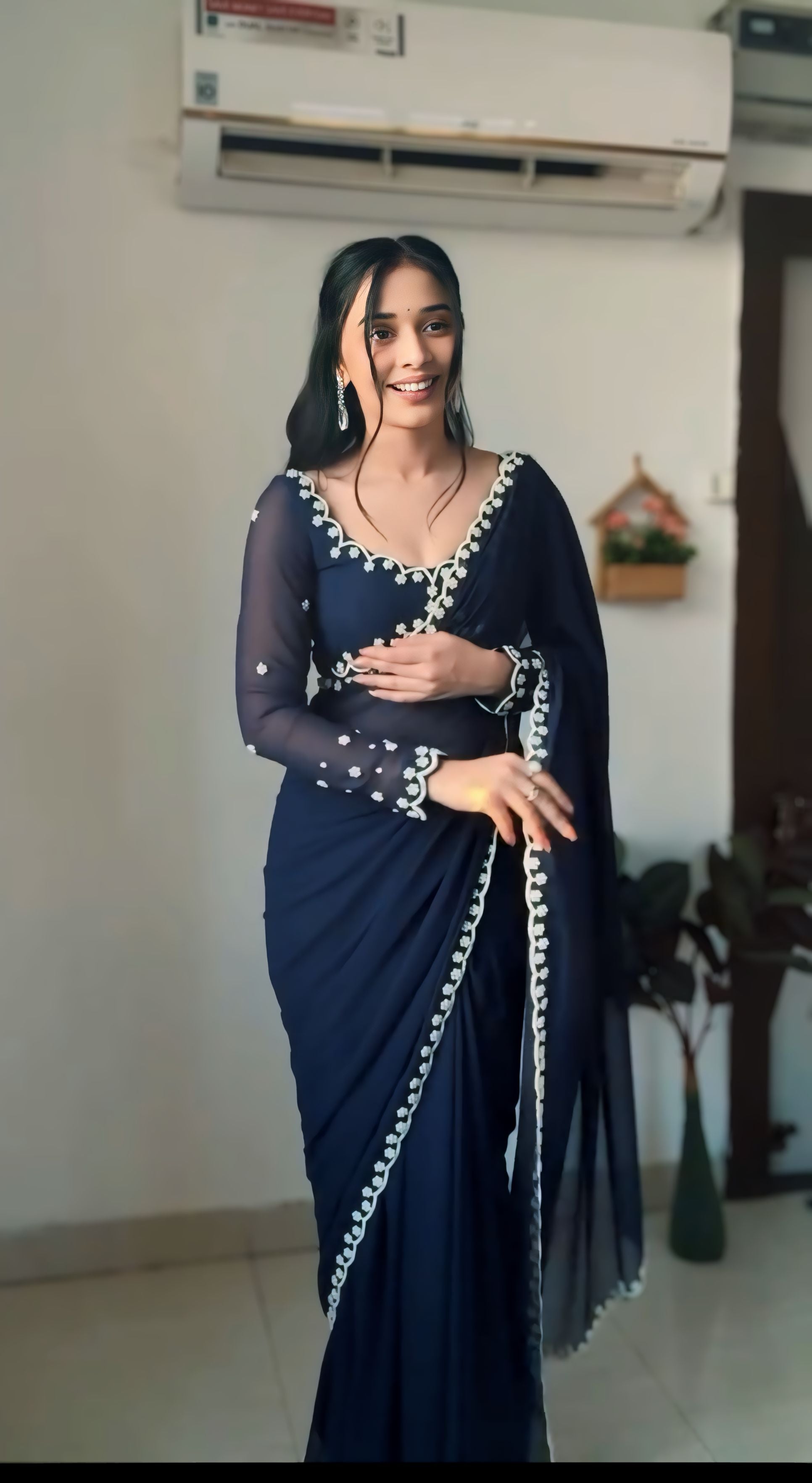 One Minute Ready To Wear Dark Blue Drape Silk Printed Saree