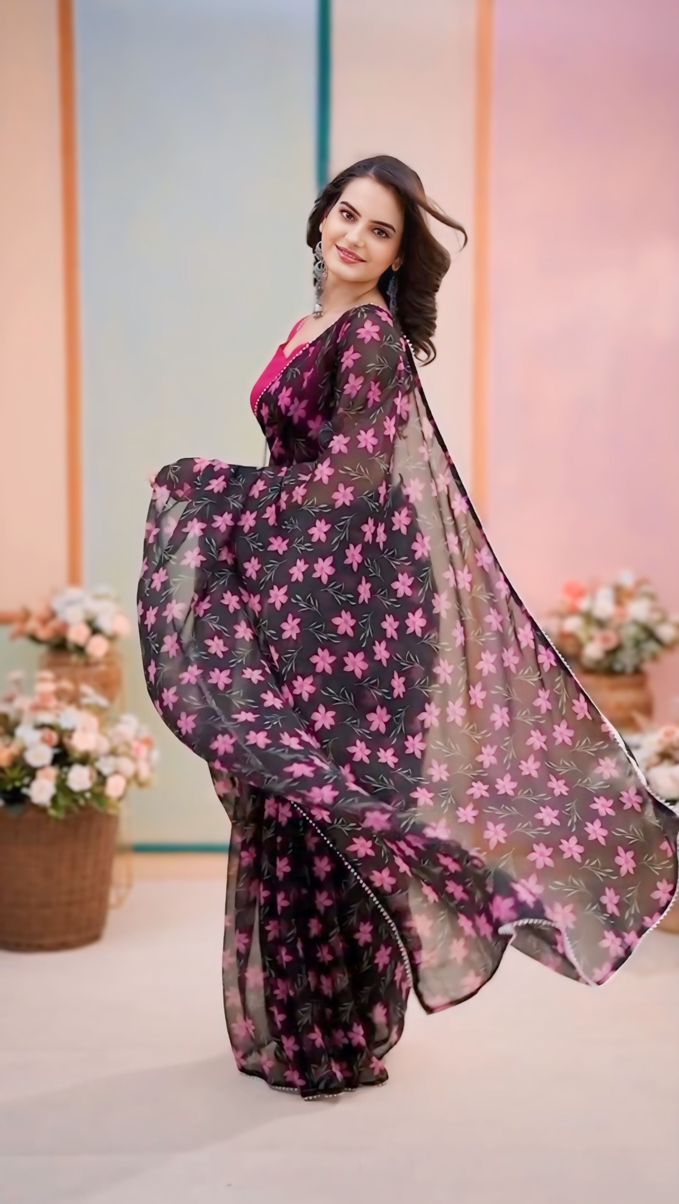 One Minute Ready To Wear Raven Rose Flower Saree