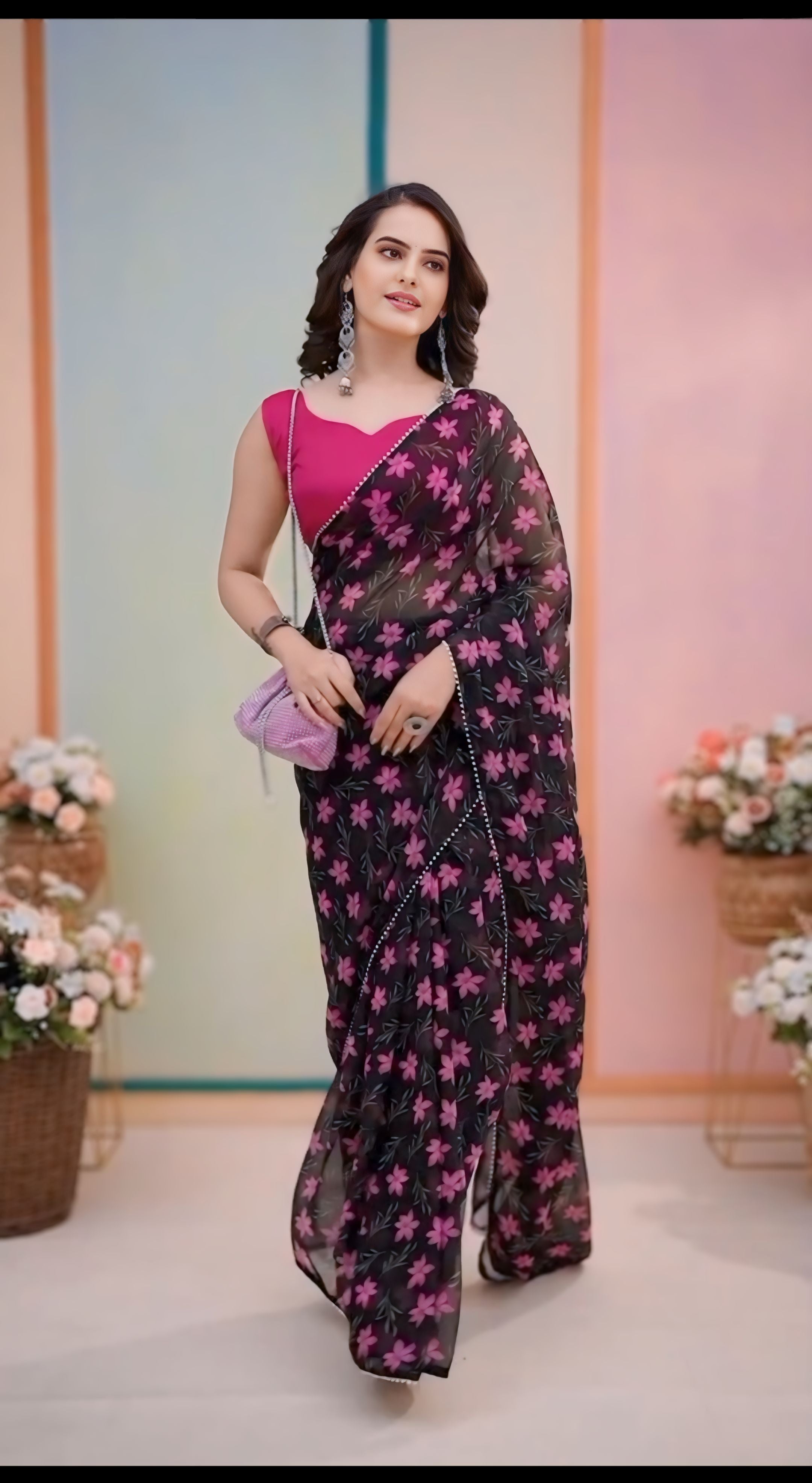 One Minute Ready To Wear Raven Rose Flower Saree