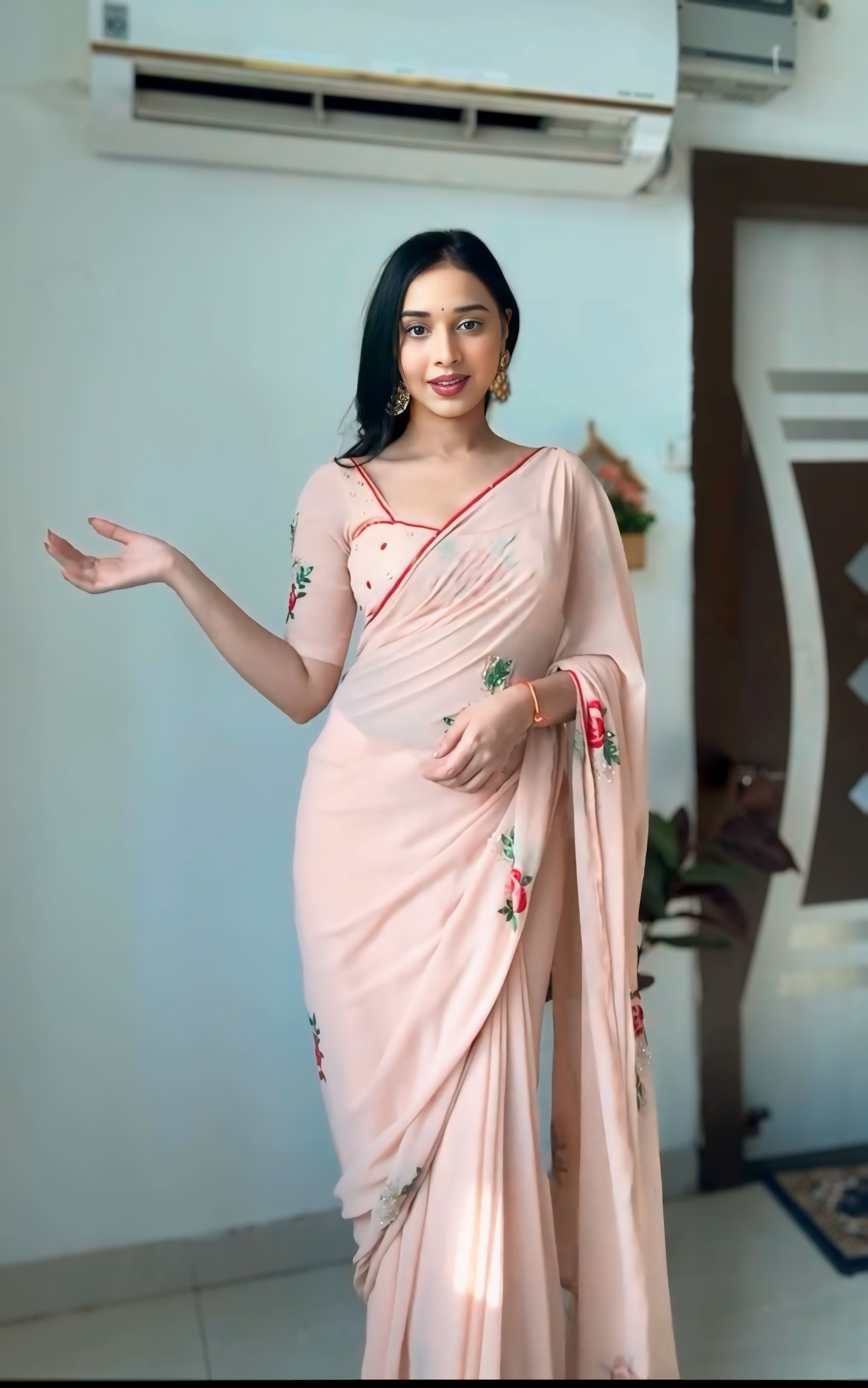 One Minute Ready To Wear . Delicate Allure Blossom Soft Georgette Silk Saree