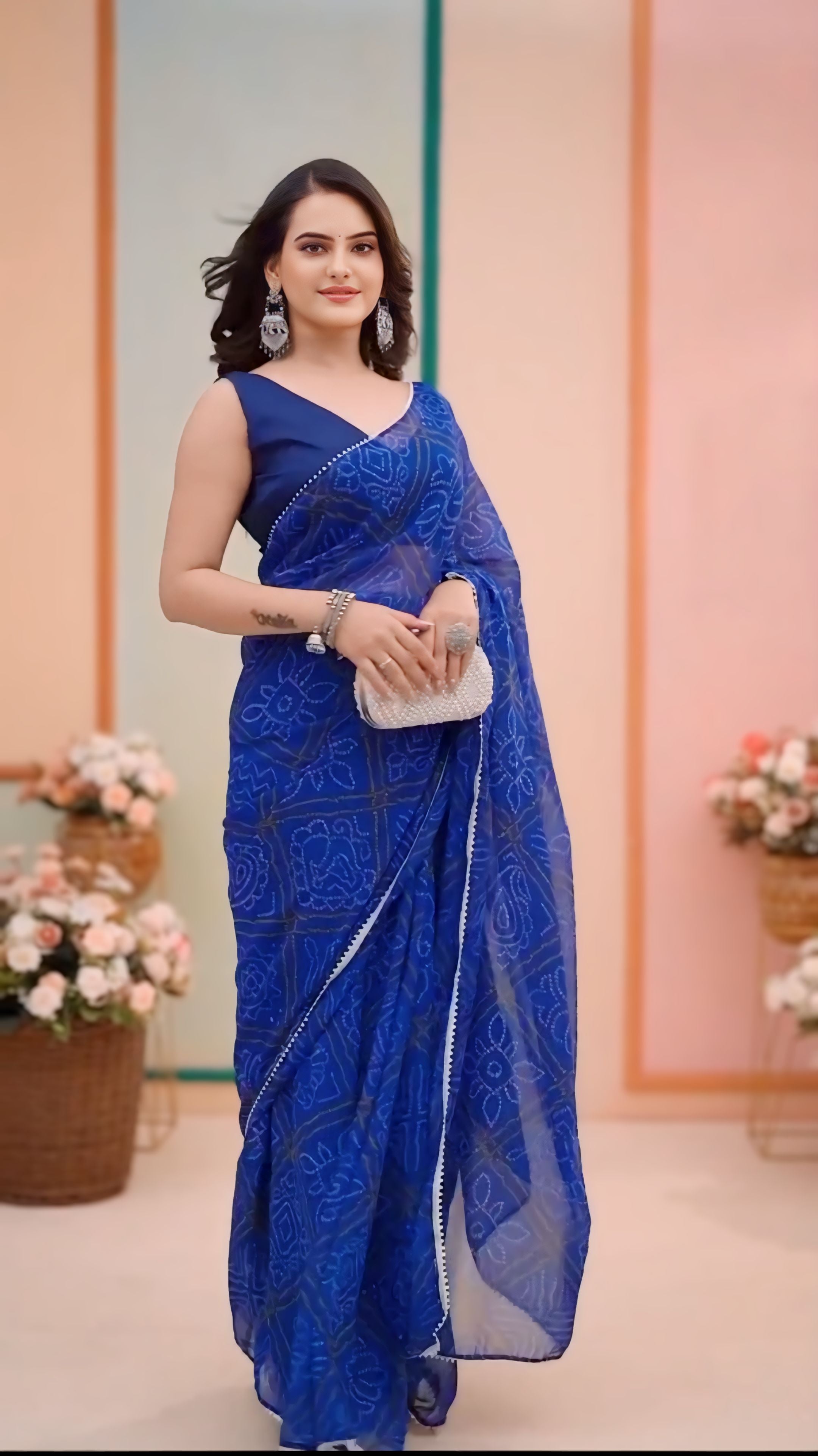 One Minute Ready To Wear Cobalt Cascade Soft Georgette Silk Saree