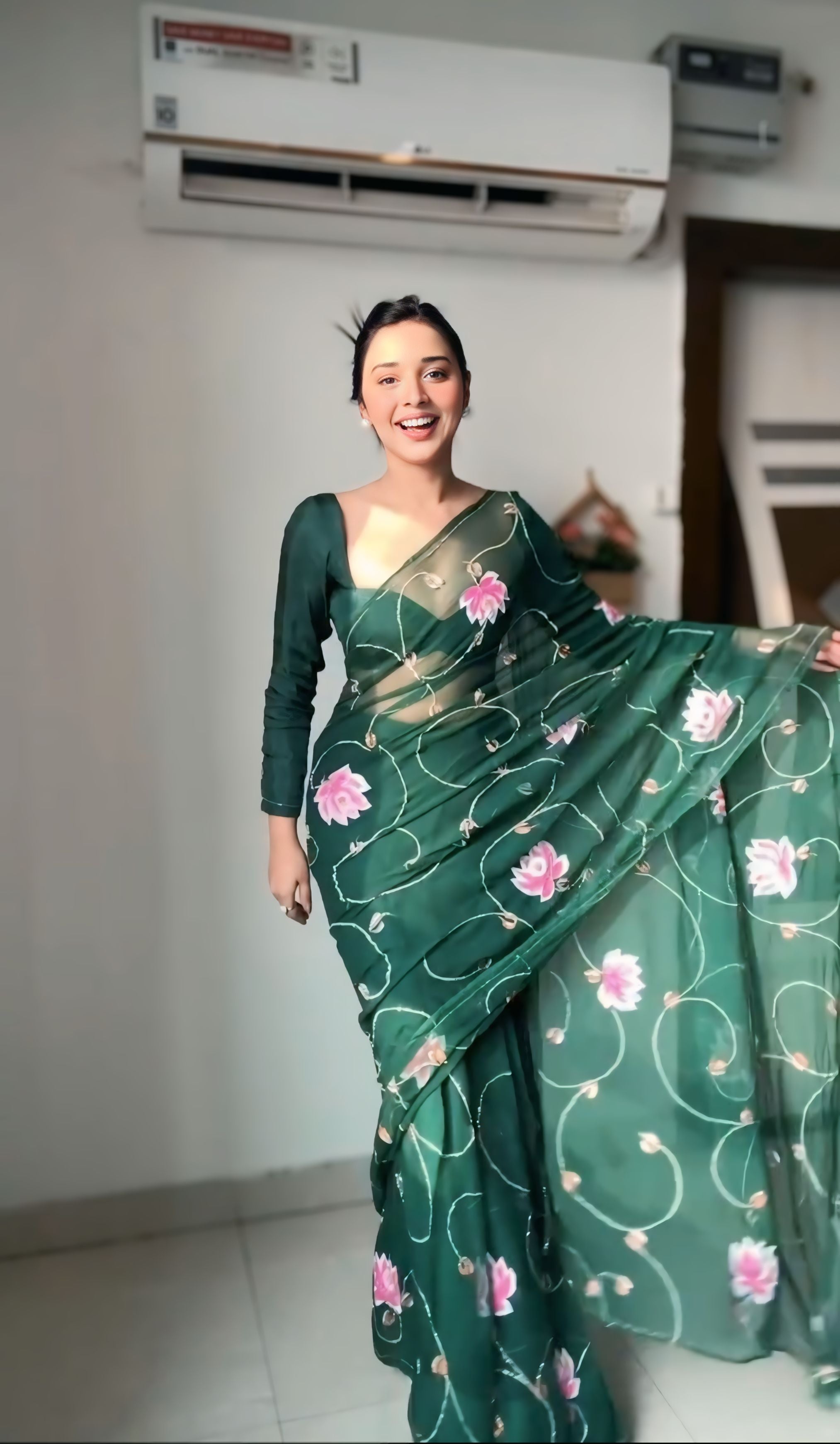 One Minute Ready To Wear Majestic Green Grace Drapes Organza Silk Saree with Unstitch Blouse