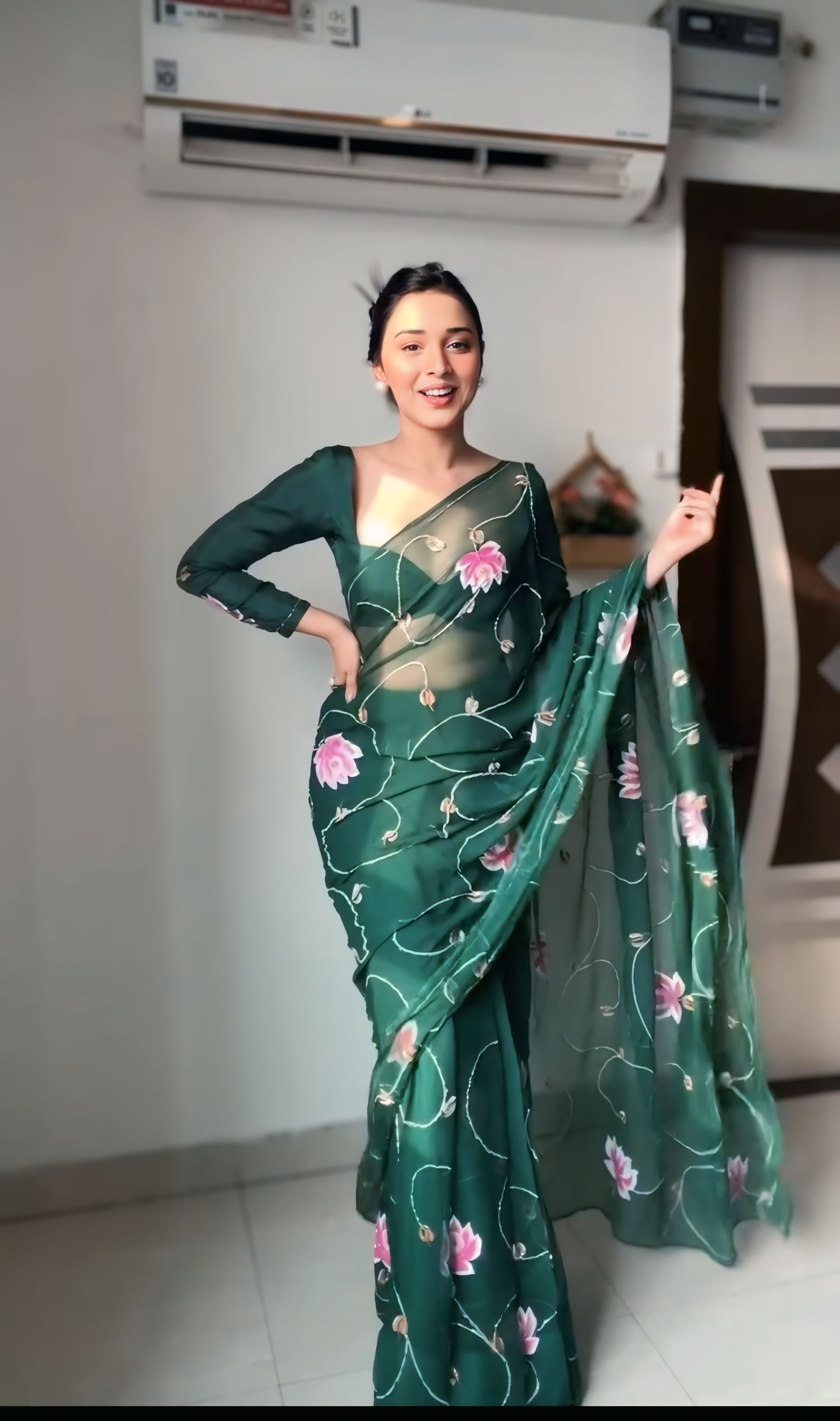 One Minute Ready To Wear Majestic Green Grace Drapes Organza Silk Saree with Unstitch Blouse