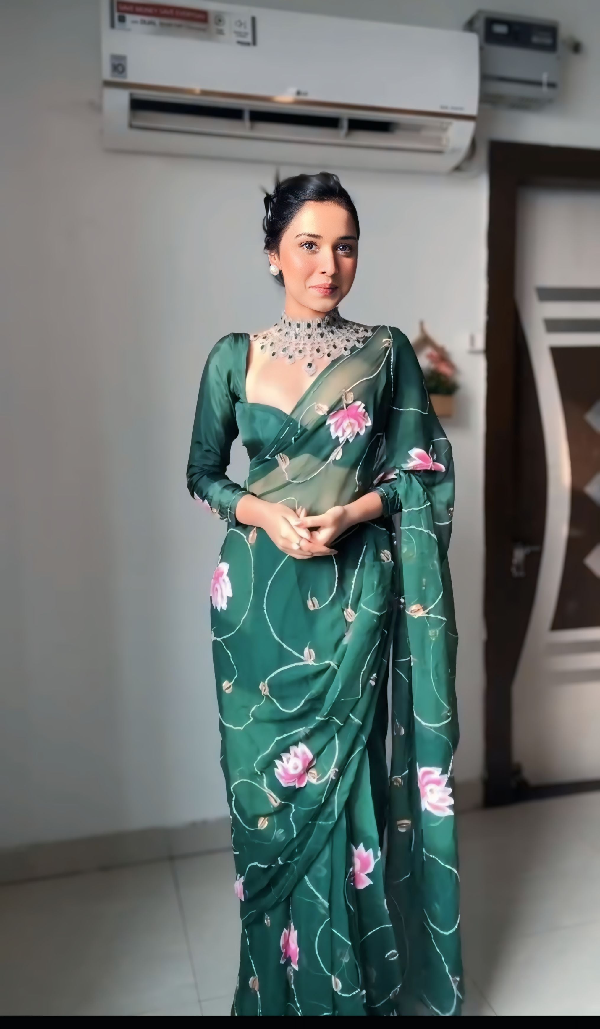 One Minute Ready To Wear Majestic Green Grace Drapes Organza Silk Saree with Unstitch Blouse