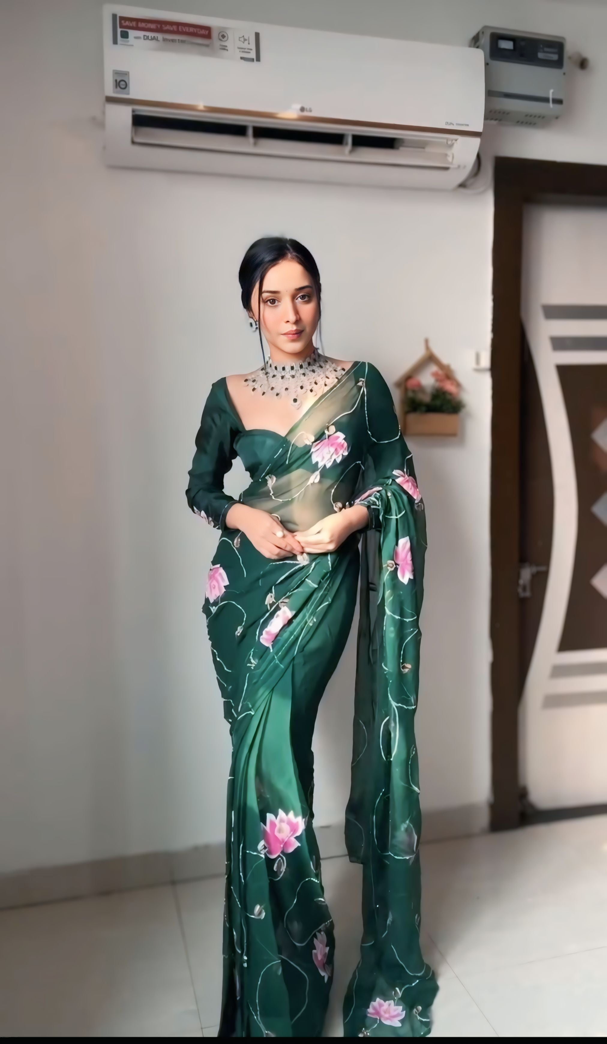 One Minute Ready To Wear Majestic Green Grace Drapes Organza Silk Saree with Unstitch Blouse