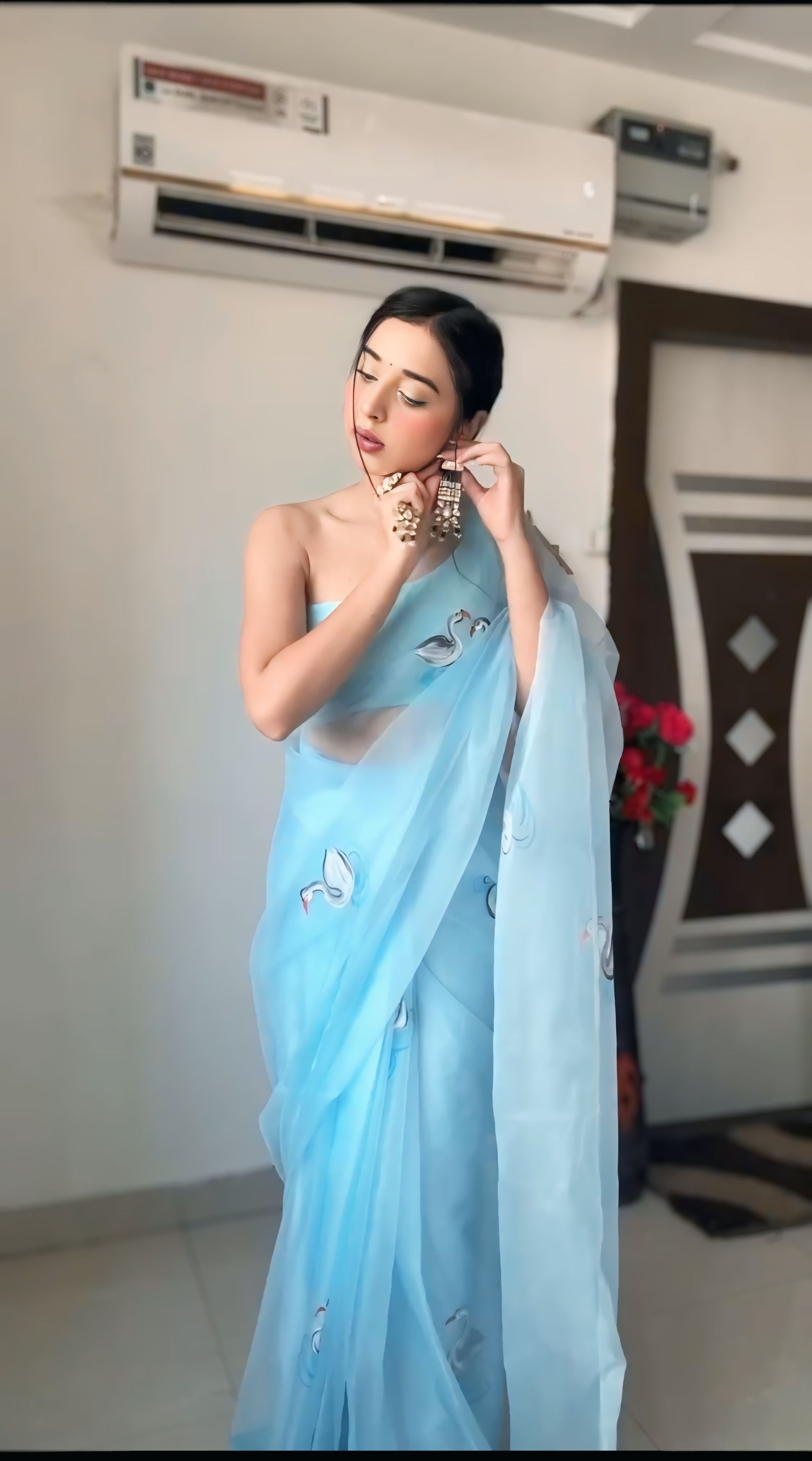 One Minute Ready To Wear Sky blue Celestial Drapes Organza Silk Saree with Unstitch Blouse