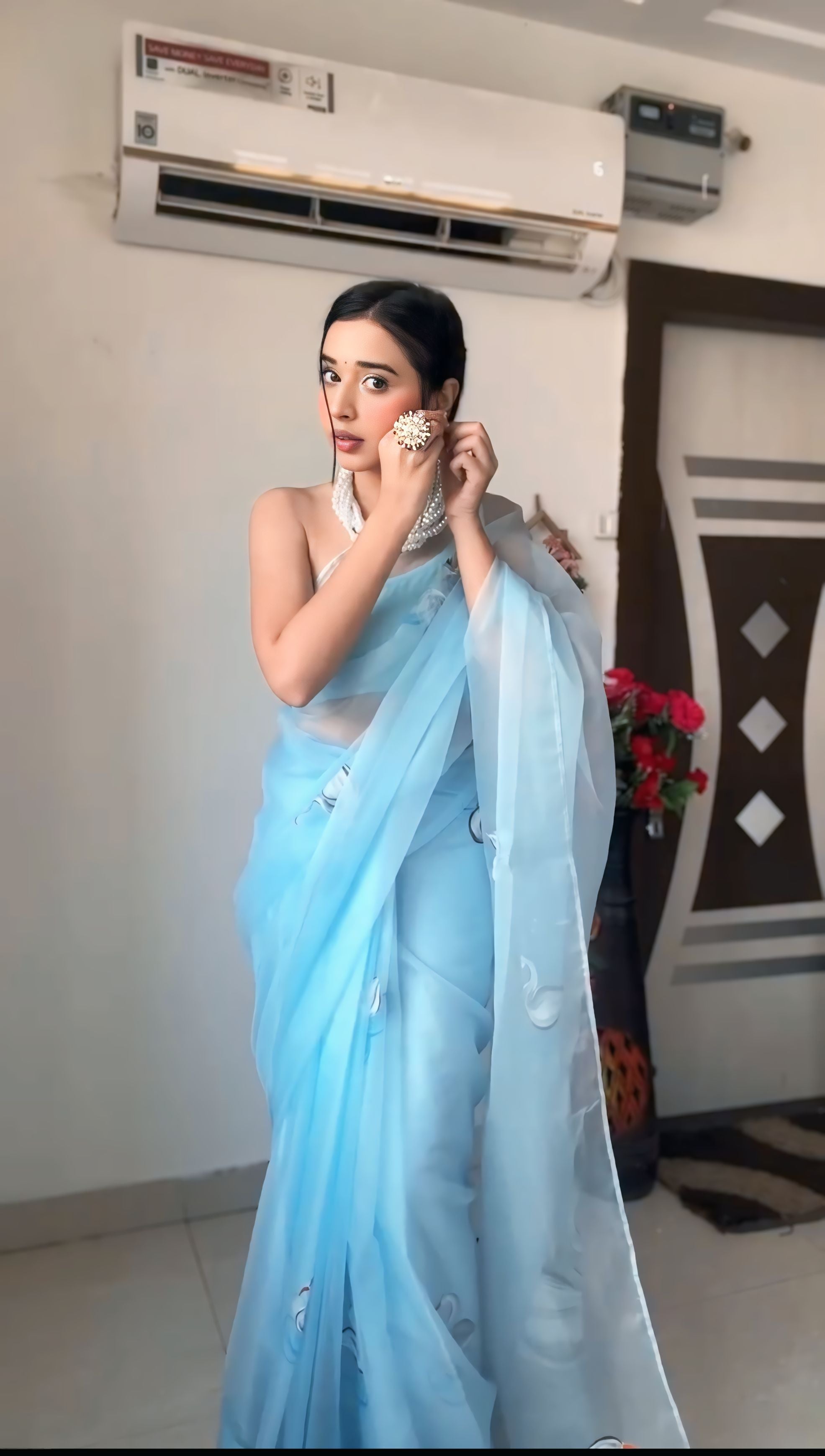 One Minute Ready To Wear Sky blue Celestial Drapes Organza Silk Saree with Unstitch Blouse