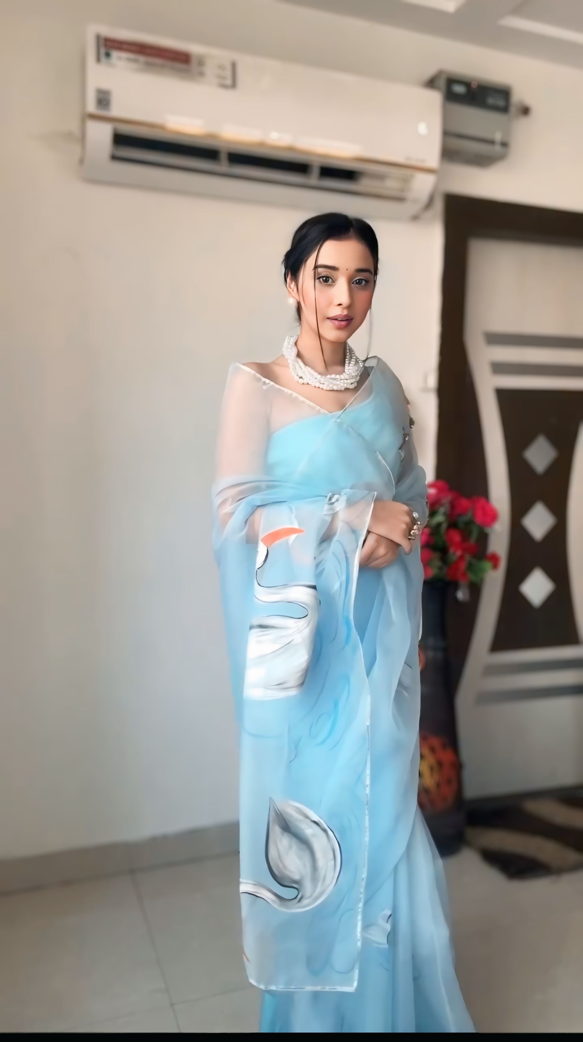 One Minute Ready To Wear Sky blue Celestial Drapes Organza Silk Saree with Unstitch Blouse