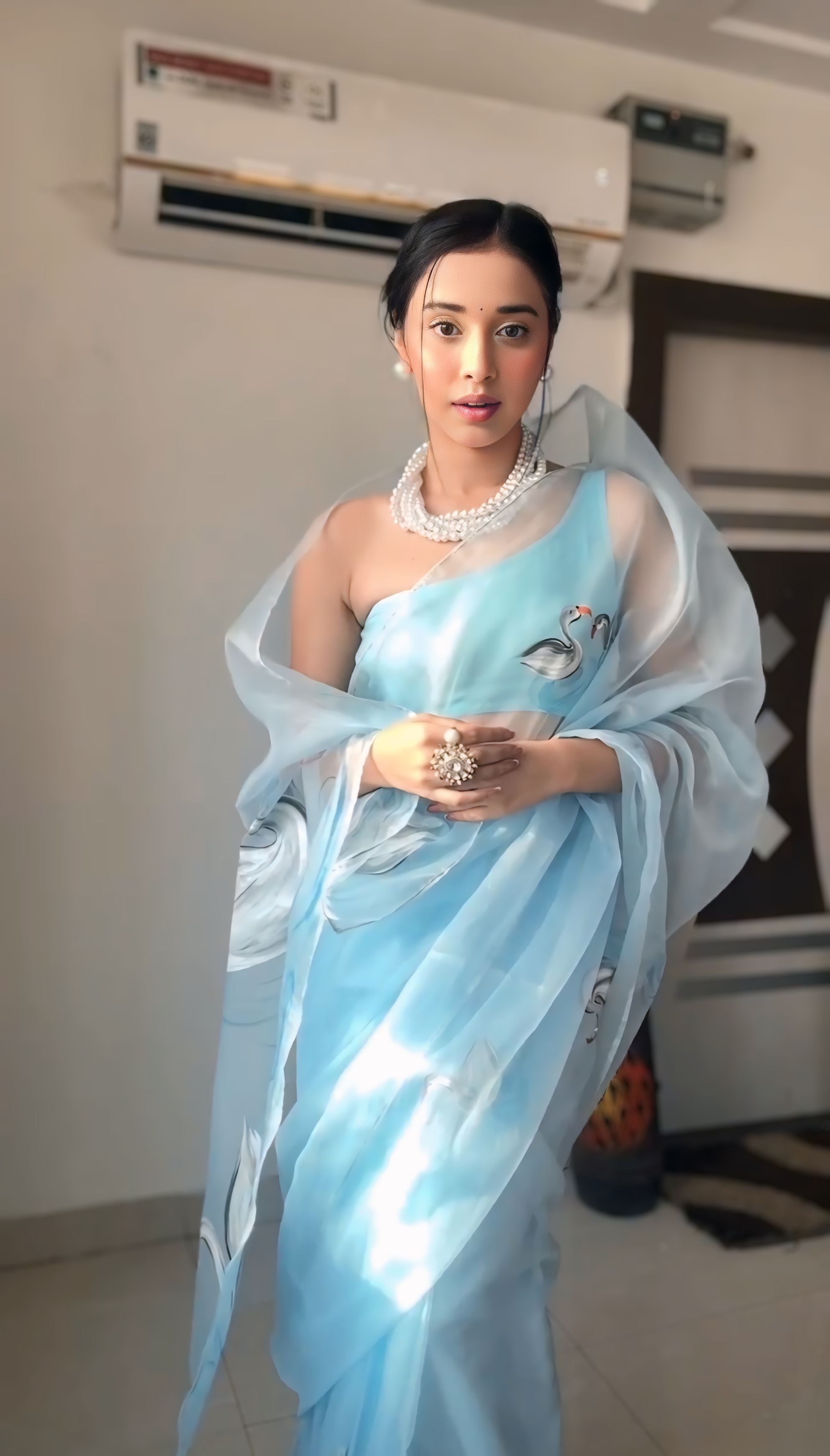 One Minute Ready To Wear Sky blue Celestial Drapes Organza Silk Saree with Unstitch Blouse