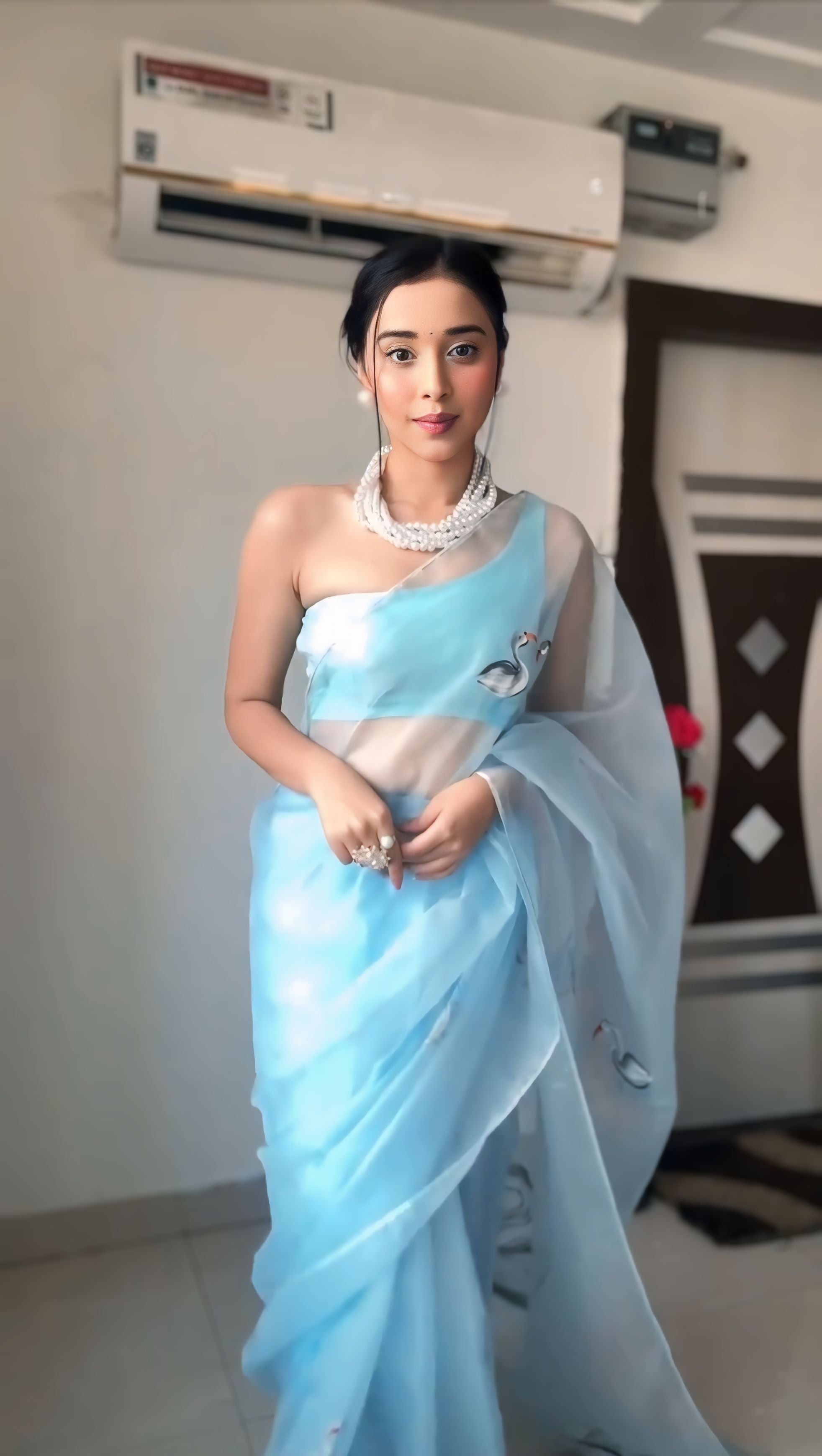 One Minute Ready To Wear Sky blue Celestial Drapes Organza Silk Saree with Unstitch Blouse