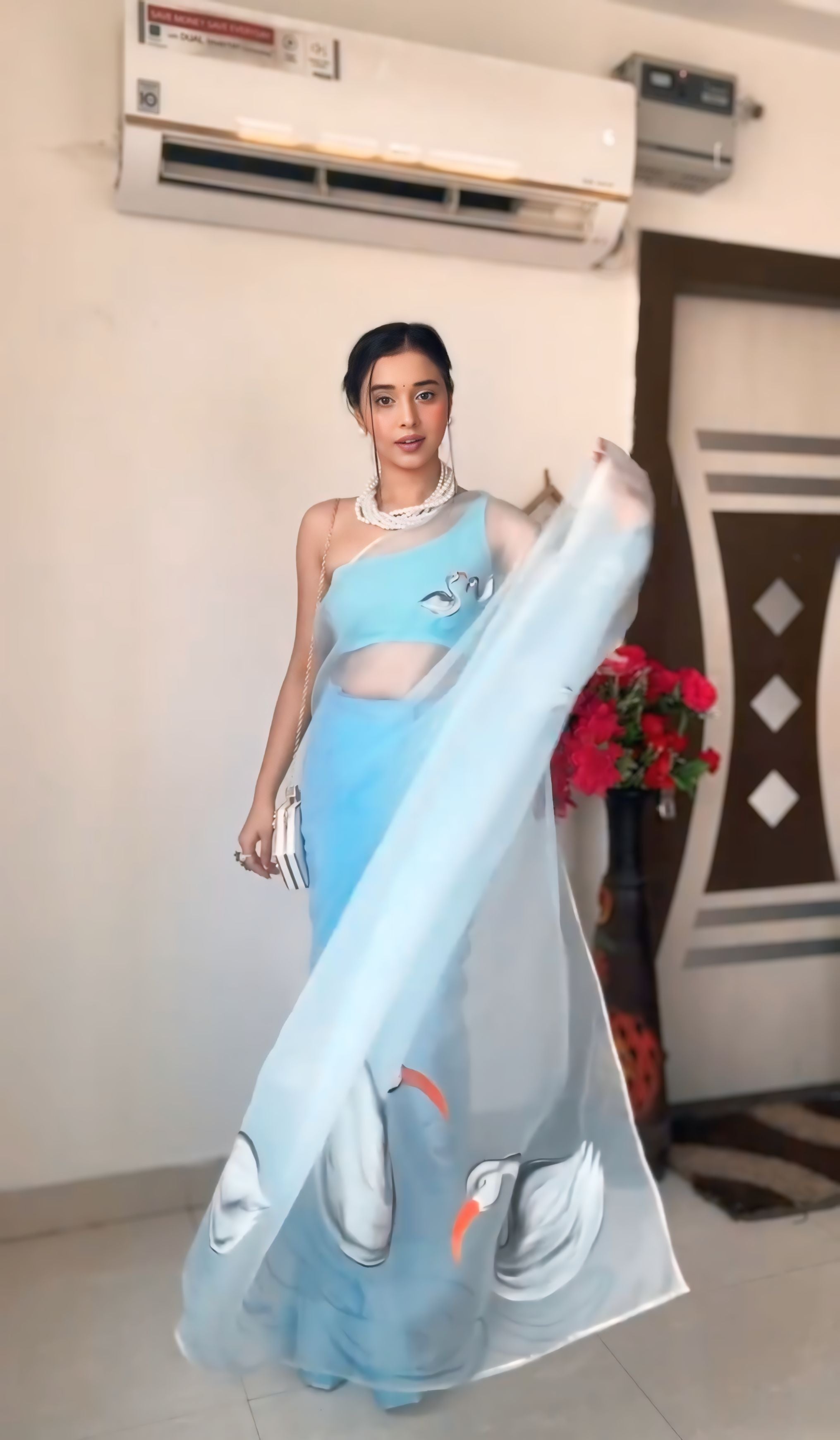 One Minute Ready To Wear Sky blue Celestial Drapes Organza Silk Saree with Unstitch Blouse