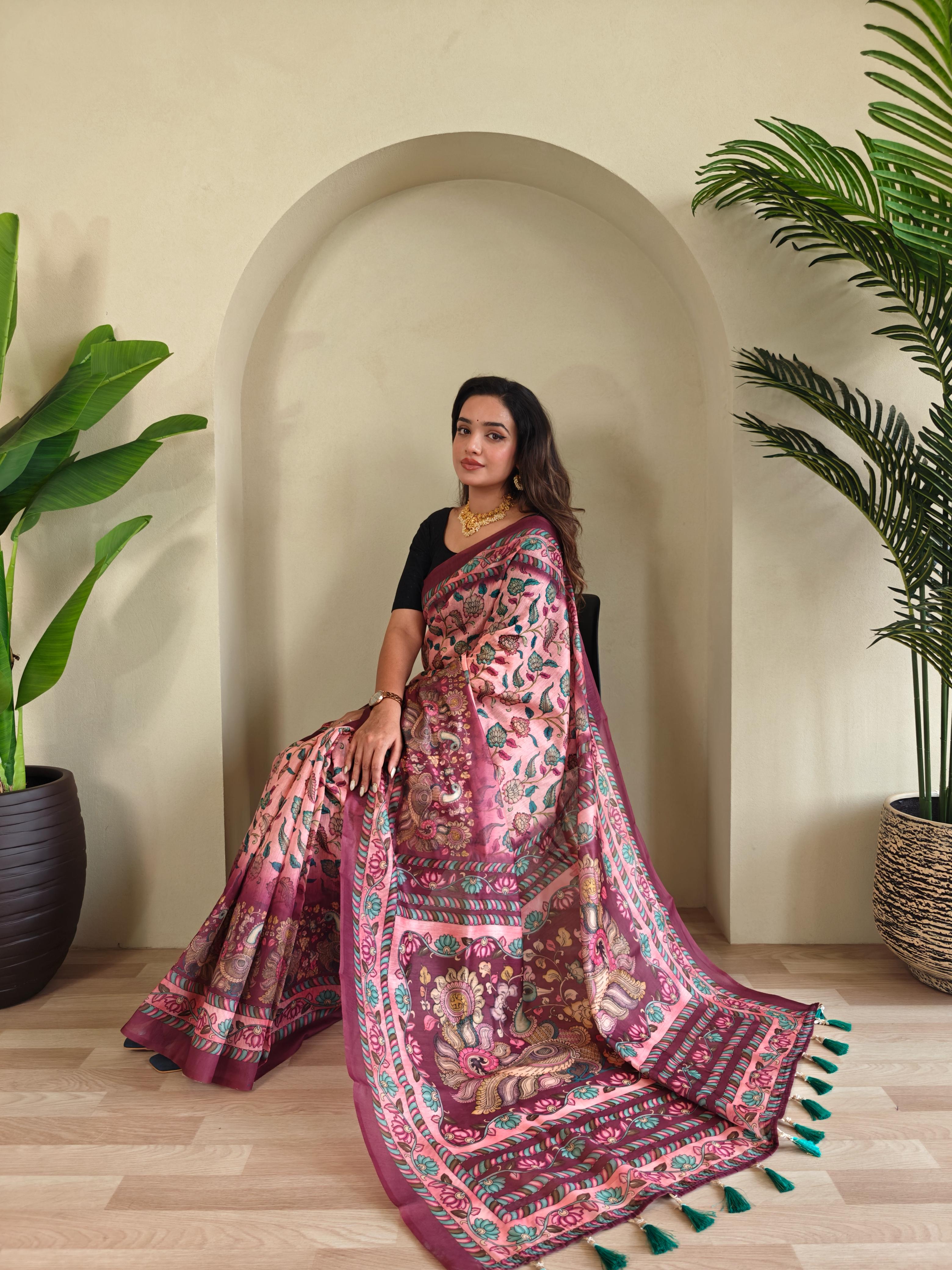 New Designer Pure Malai Cotton Saree With Elephant  Kalamkari Pattern Along With Contras Big Pallu With Tussels - Pink