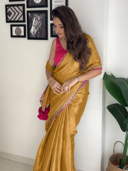 New designer Pure Errode Silk Gold Saree With Beautiful Pink Embroidery Lace Border With Same Modeling Embroidery Sequence Lace Border Blouse Piece