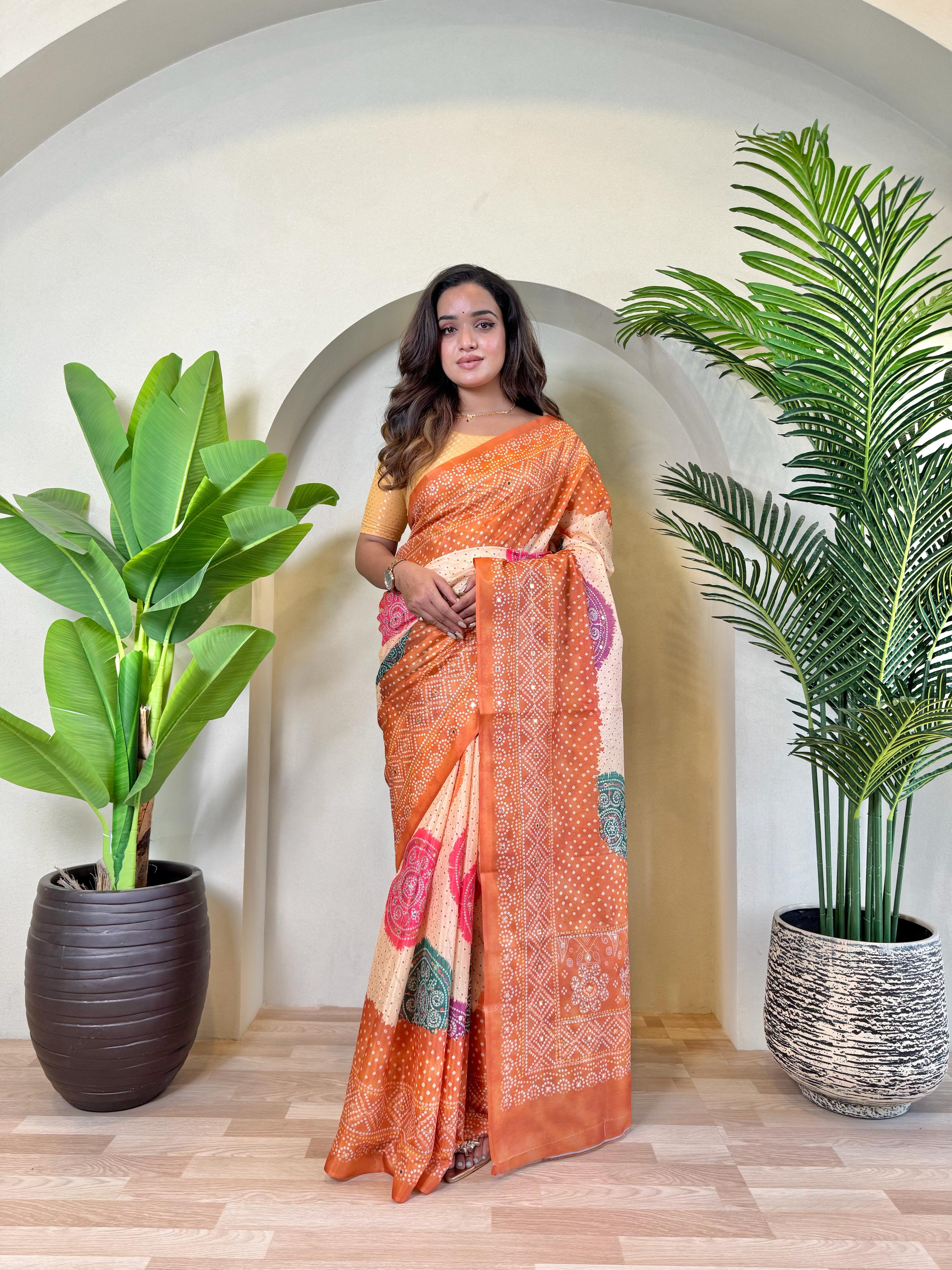 New Designer Tissue Silk Weaving Dual Orange Shade Saree With Contras Printed Embroidery Work Unstiched Blouse Piece