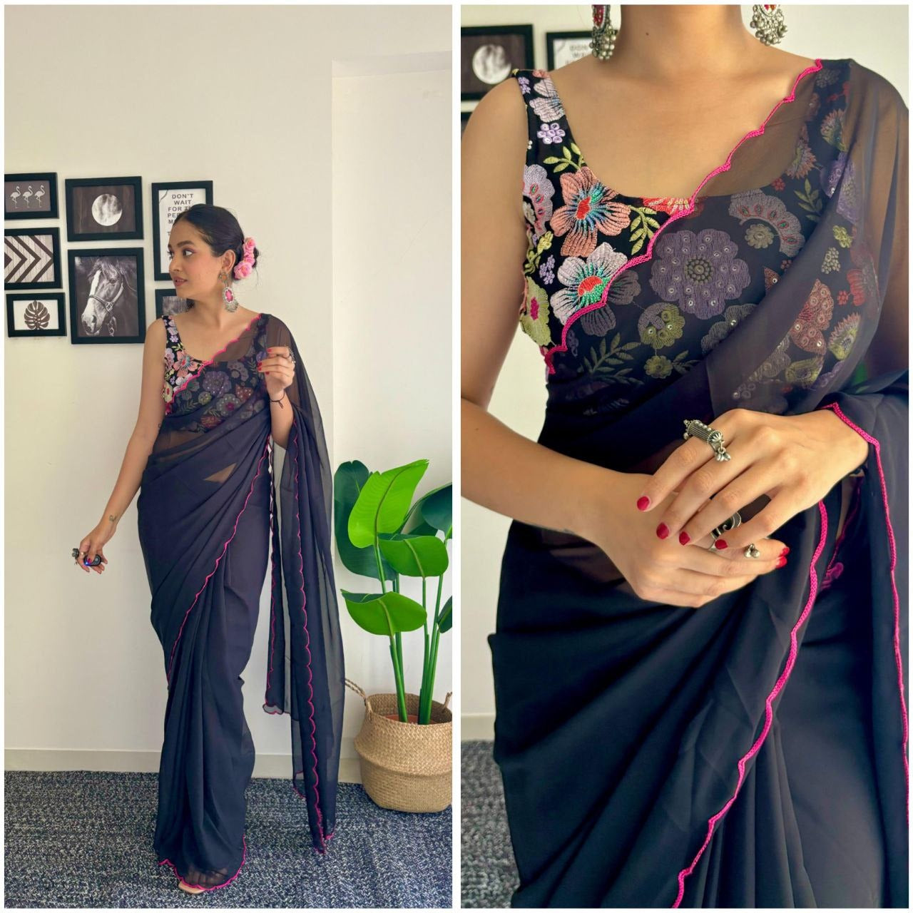 One Minute Ready To Wear Black Orchid Elegance Pure Soft Georgette Silk Saree