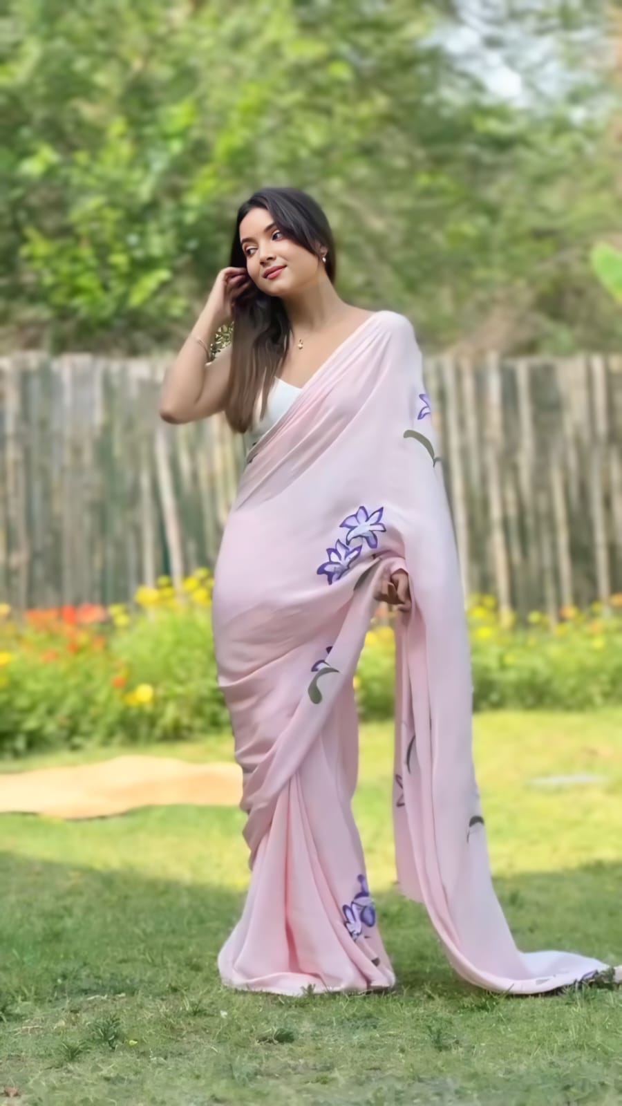 New One Minute Ready To Wear Pure Soft Georgette Silk Flower Designed Pink Saree With Same Model  Unstiched Blouse Piece