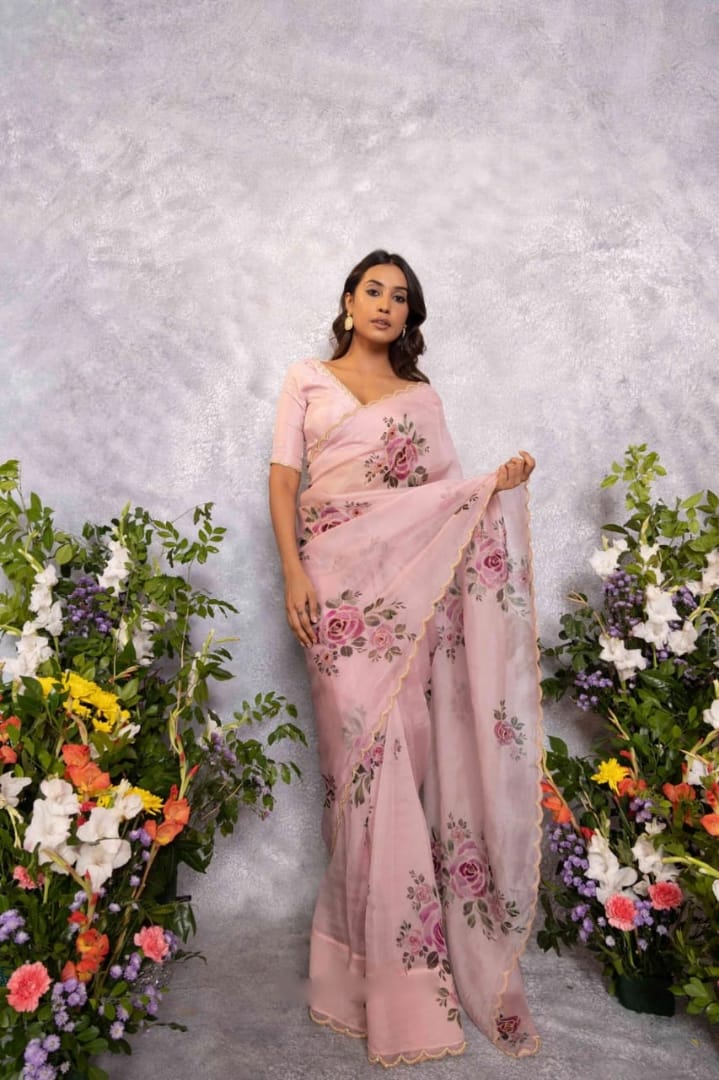 One Minute Ready To Wear Pure Soft Organza Silk Pastel Pink Saree With Moti and Val Work With Same Handworked Stiched Blouse