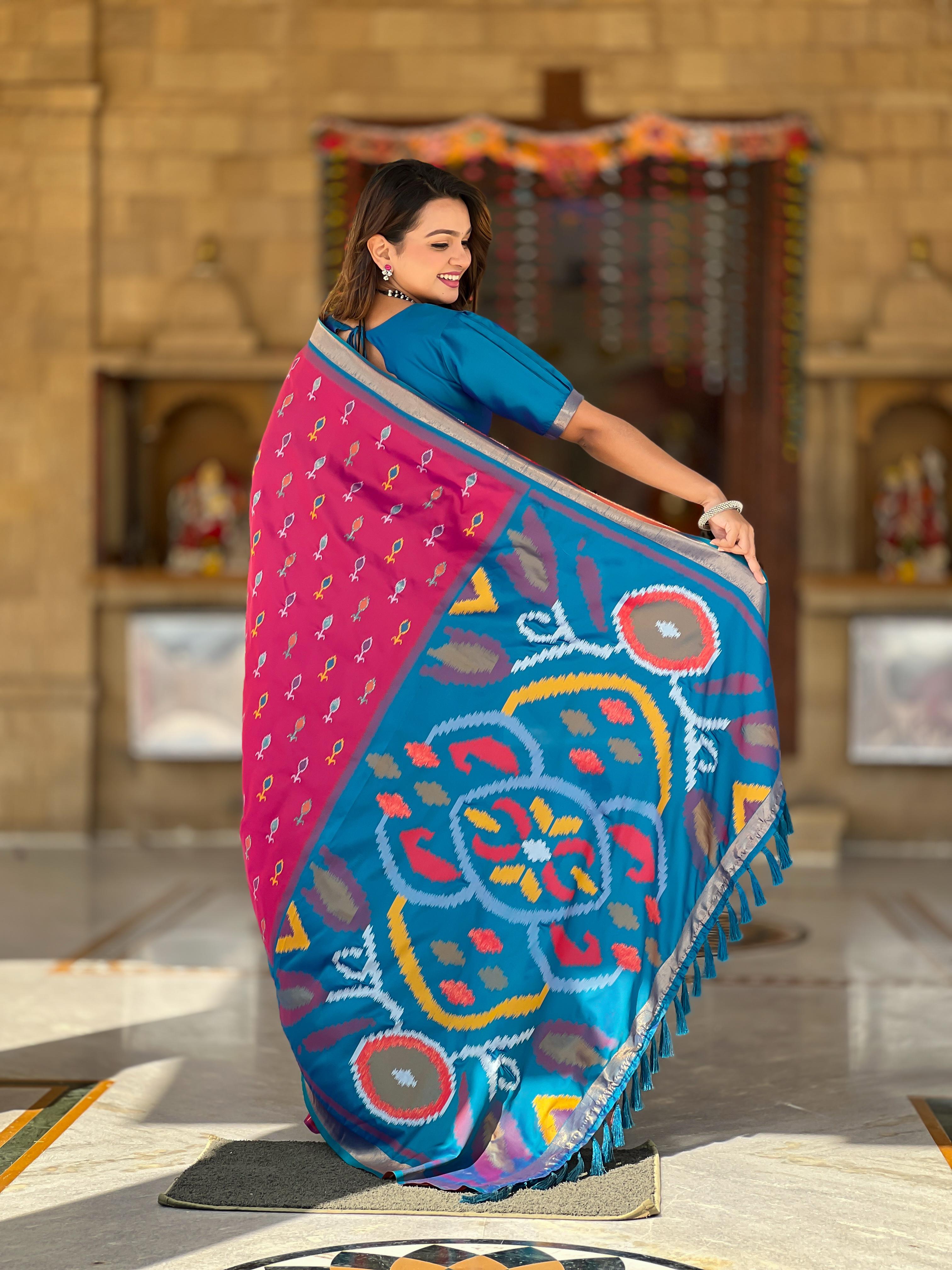 New Designer Ikkat And Patola Weaving Concept Violete Silk Saree With Contrast Rich Pallu And Unstiched Blouse Piece