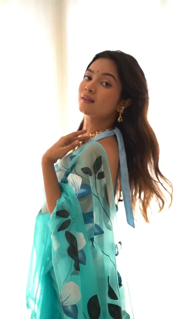 New One Minute Ready To Wear Sky Blue Colour Pure Soft Organza Silk Saree With Beautiful Flower Print Design With Unstiched Blouse Piece