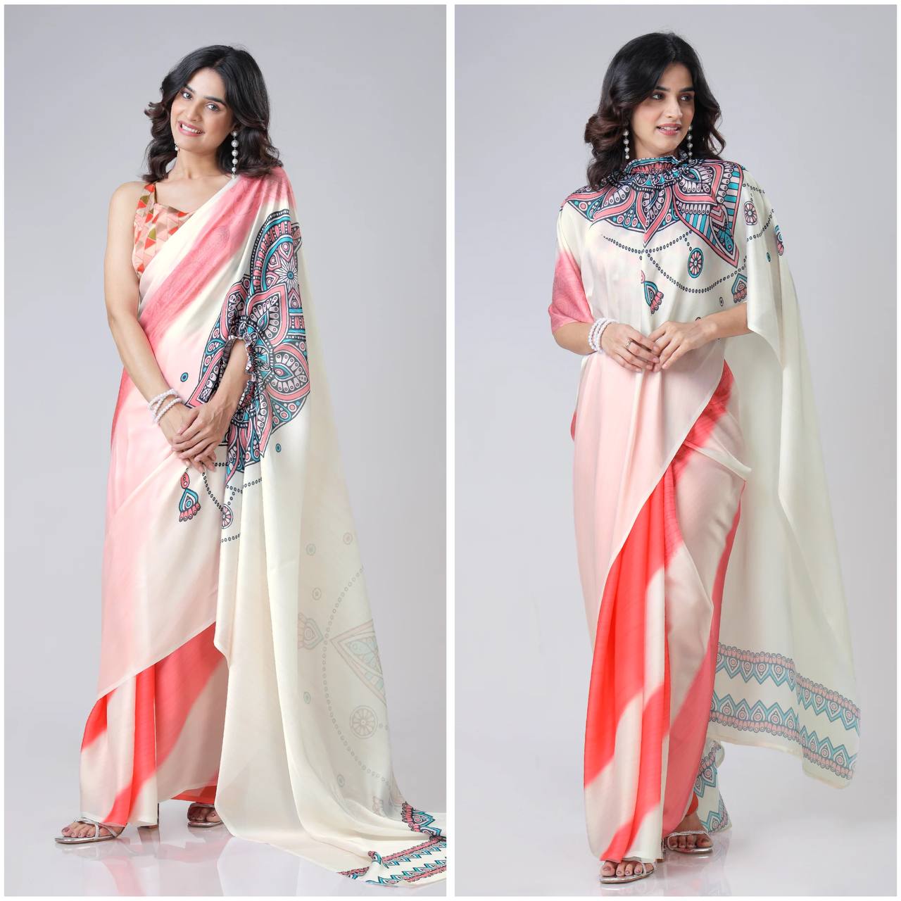 New One Minute Ready To Wear  Heavy Crepe Silk  Free Hand Saree With  Digital Print With Running Crepe Silk Unstiched Blouse Piece - Orange-White