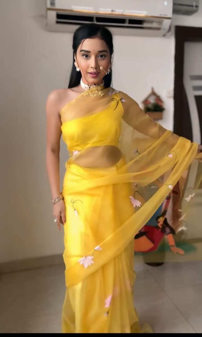 New One Minute Ready To Wear Radha Krishna Designed Pure Soft Organza Saree With Yellow Unstiched Blouse Piece