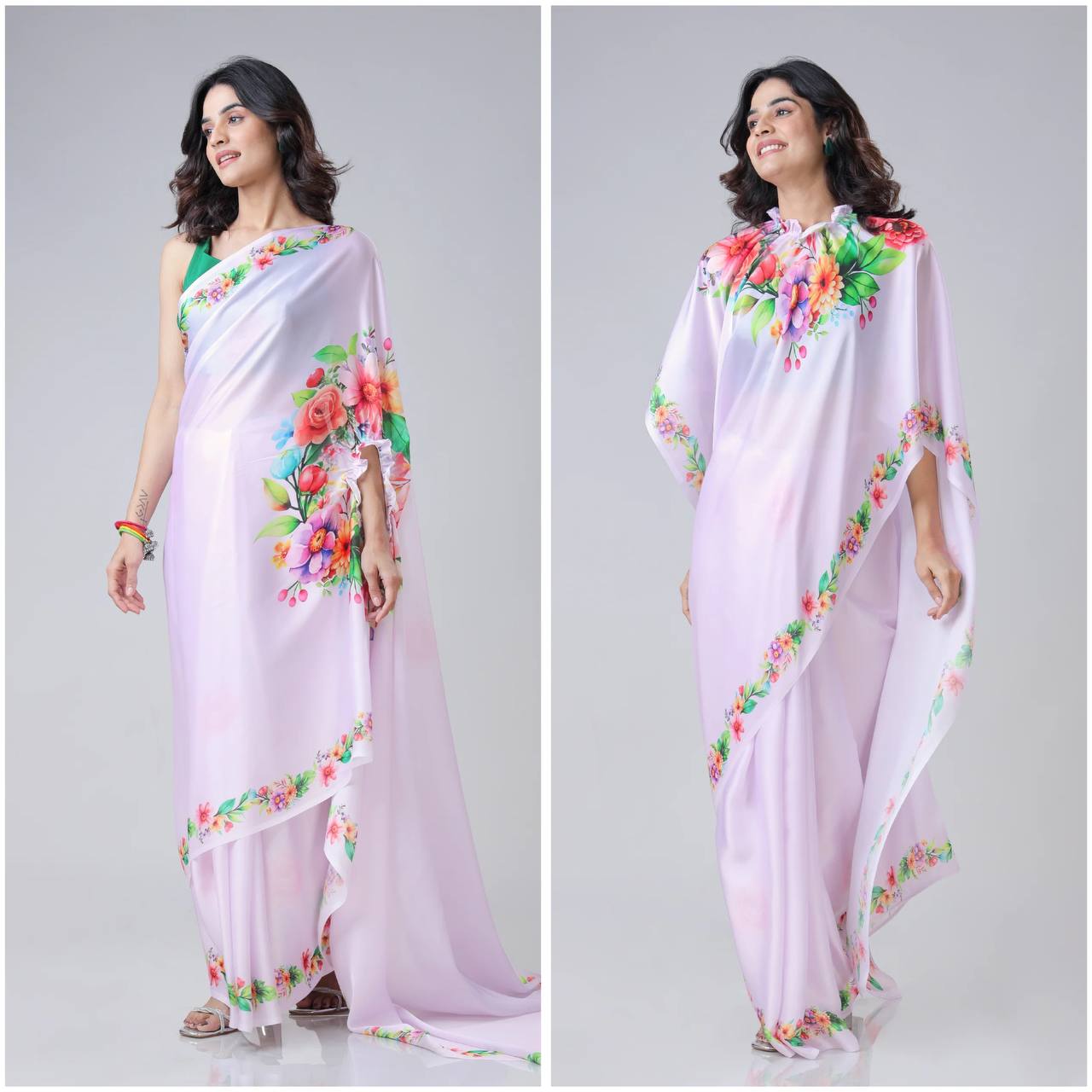 New One Minute Ready To Wear  Heavy Crepe Silk  Free Hand Saree With  Digital Print With Running Crepe Silk Unstiched Blouse Piece - Pastel Purple