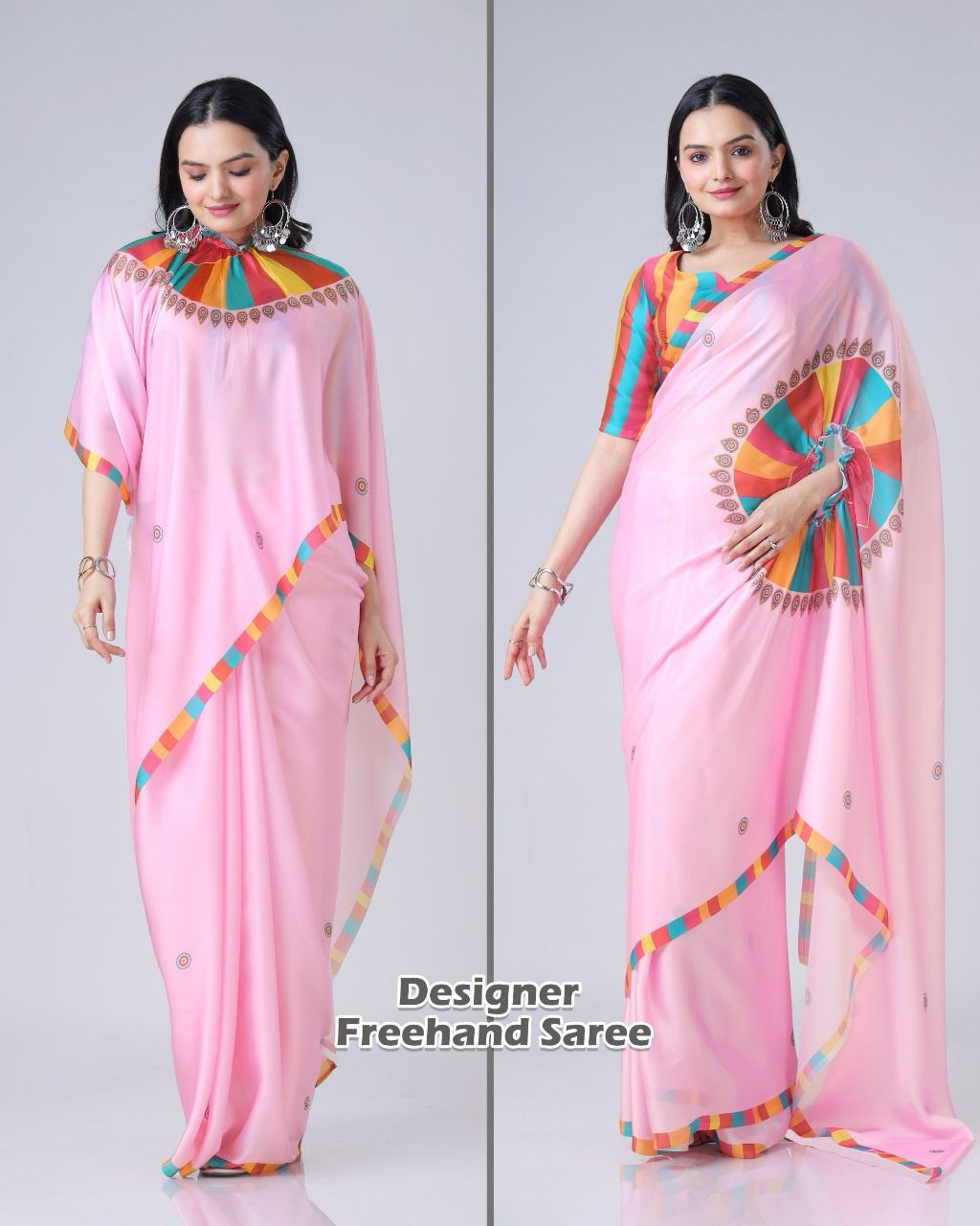 New One Minute Ready To Wear  Heavy Crepe Silk  Free Hand Saree With Beautiful Digital Printed With Running Crepe Silk Unstiched Blouse Piece - Pastel Pink