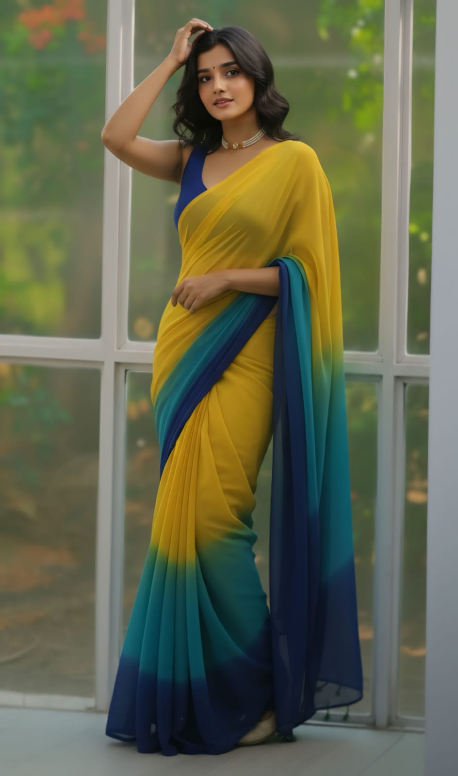 New Beautiful Yellow and Navy Blue Ombre Georgette delicate Saree with unstitch Blouse