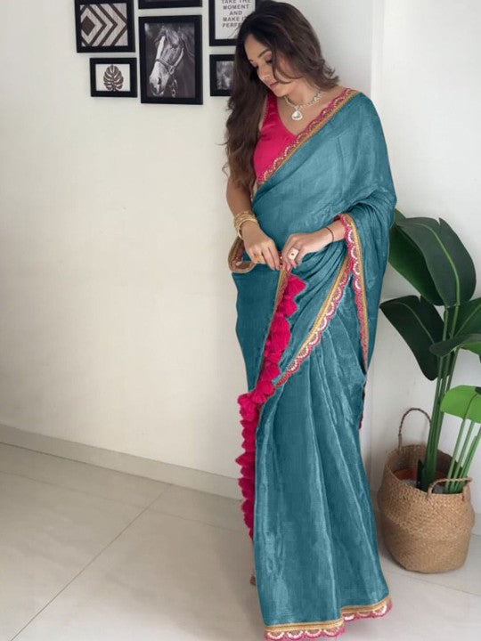 New designer Pure Errode Silk Rama Saree With Beautiful Embroidery Lace Border With Same Modeling Embroidery Sequence Lace Border Blouse Piece