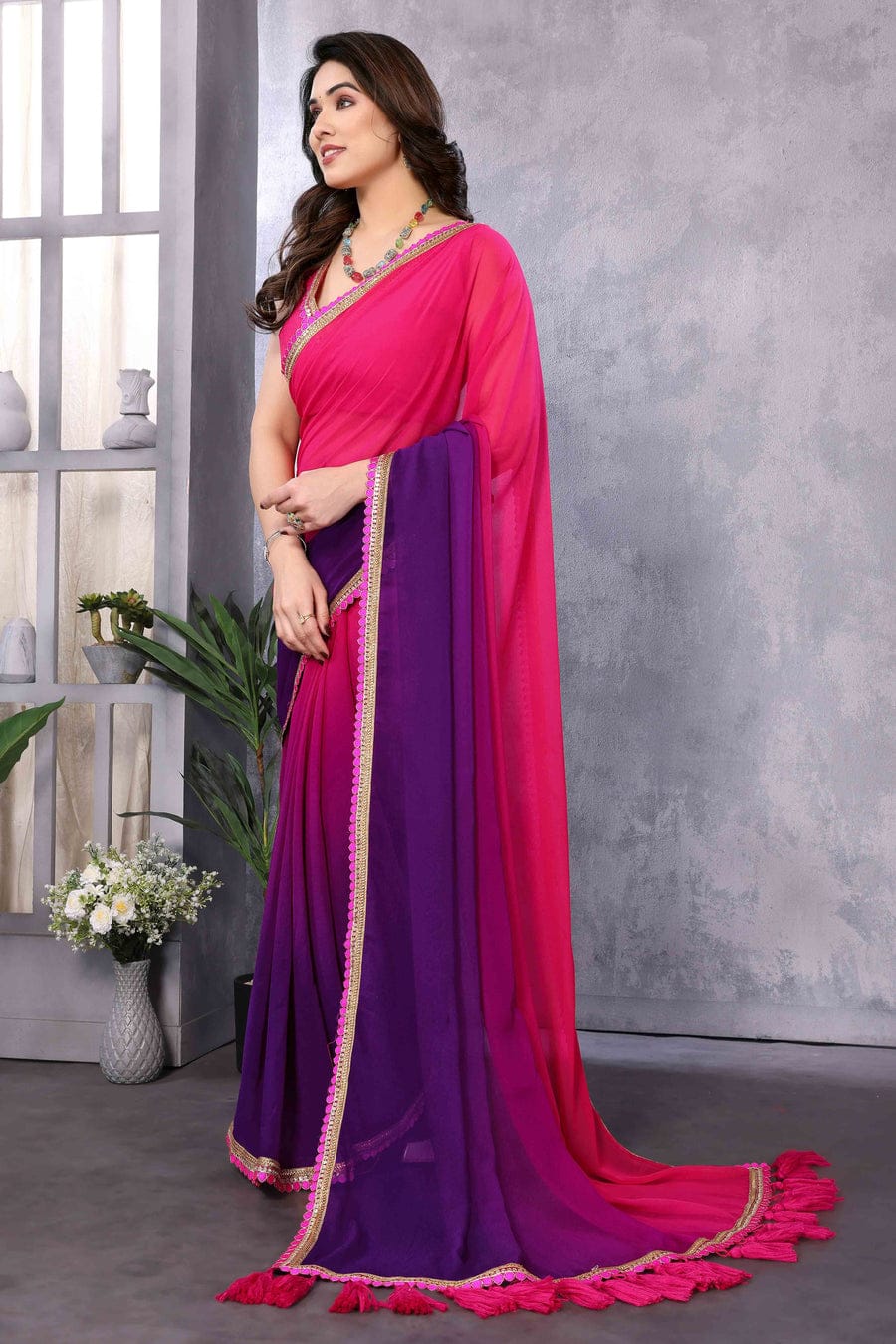 One Minute Ready To Wear Timeless Tradition Pink Purple Delicate Contrast Saree with Unstitch Blouse